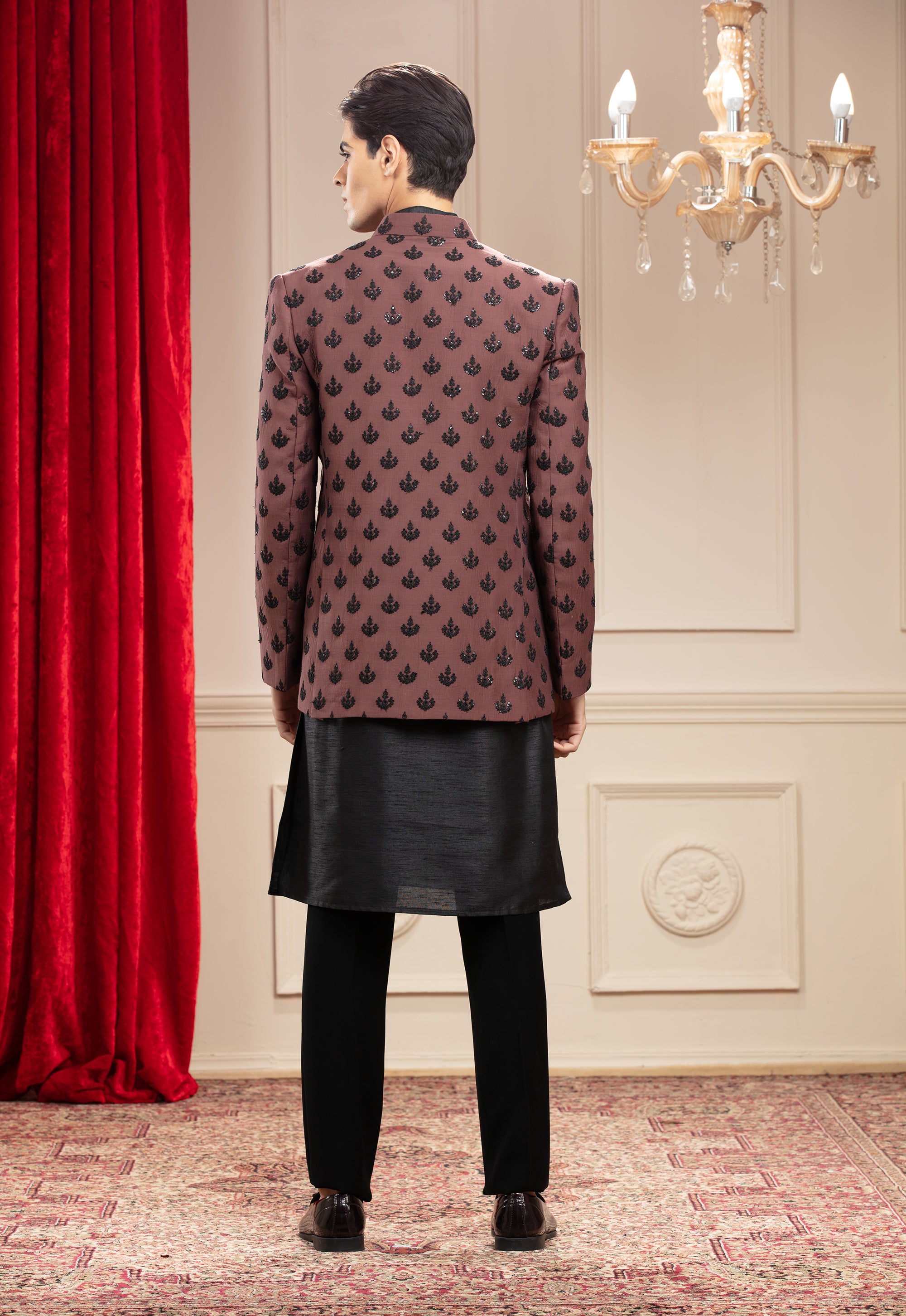 Rust and Black Silk Open Indo-Western Set with Sequin Work