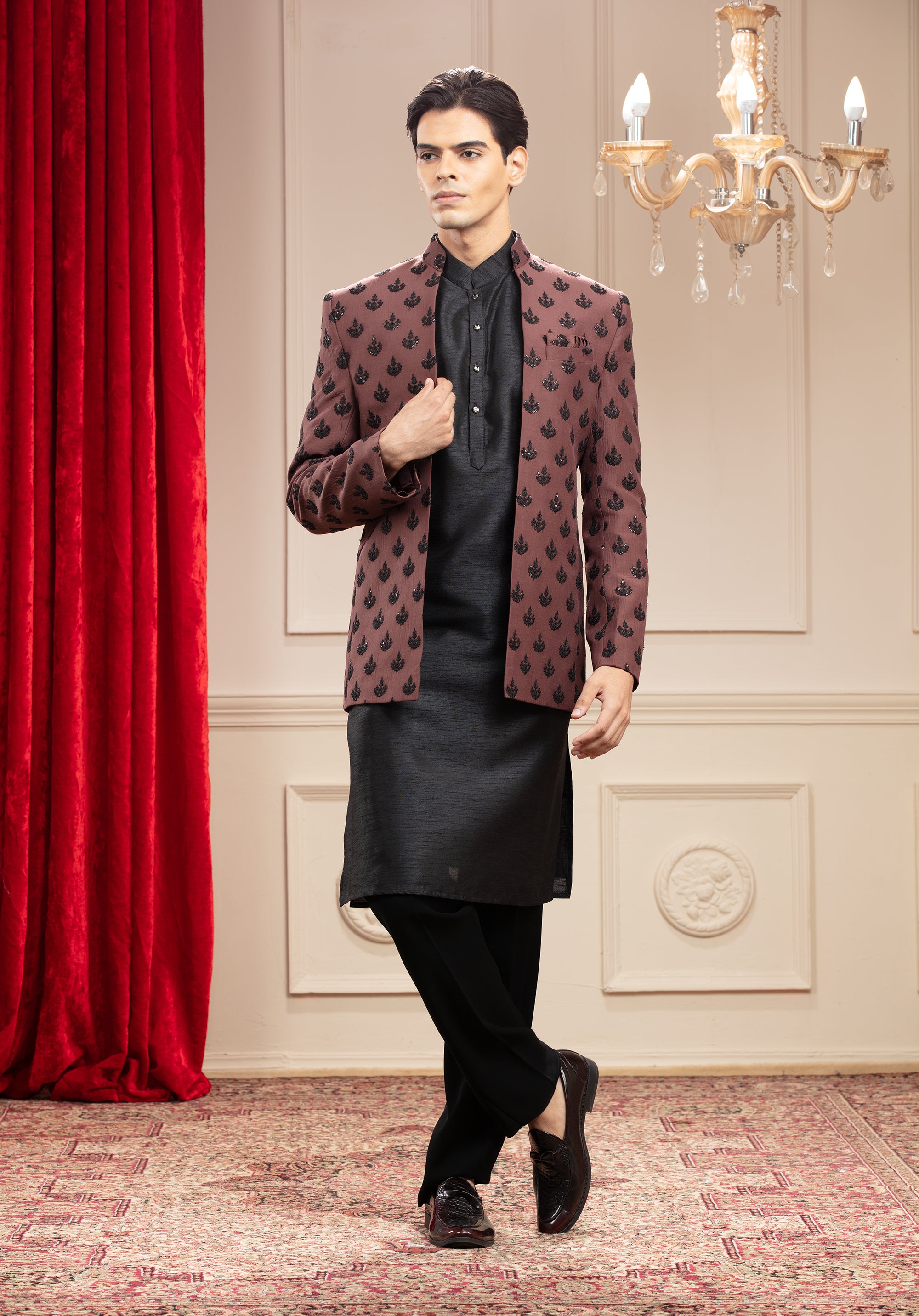 Rust and Black Silk Open Indo-Western Set with Sequin Work