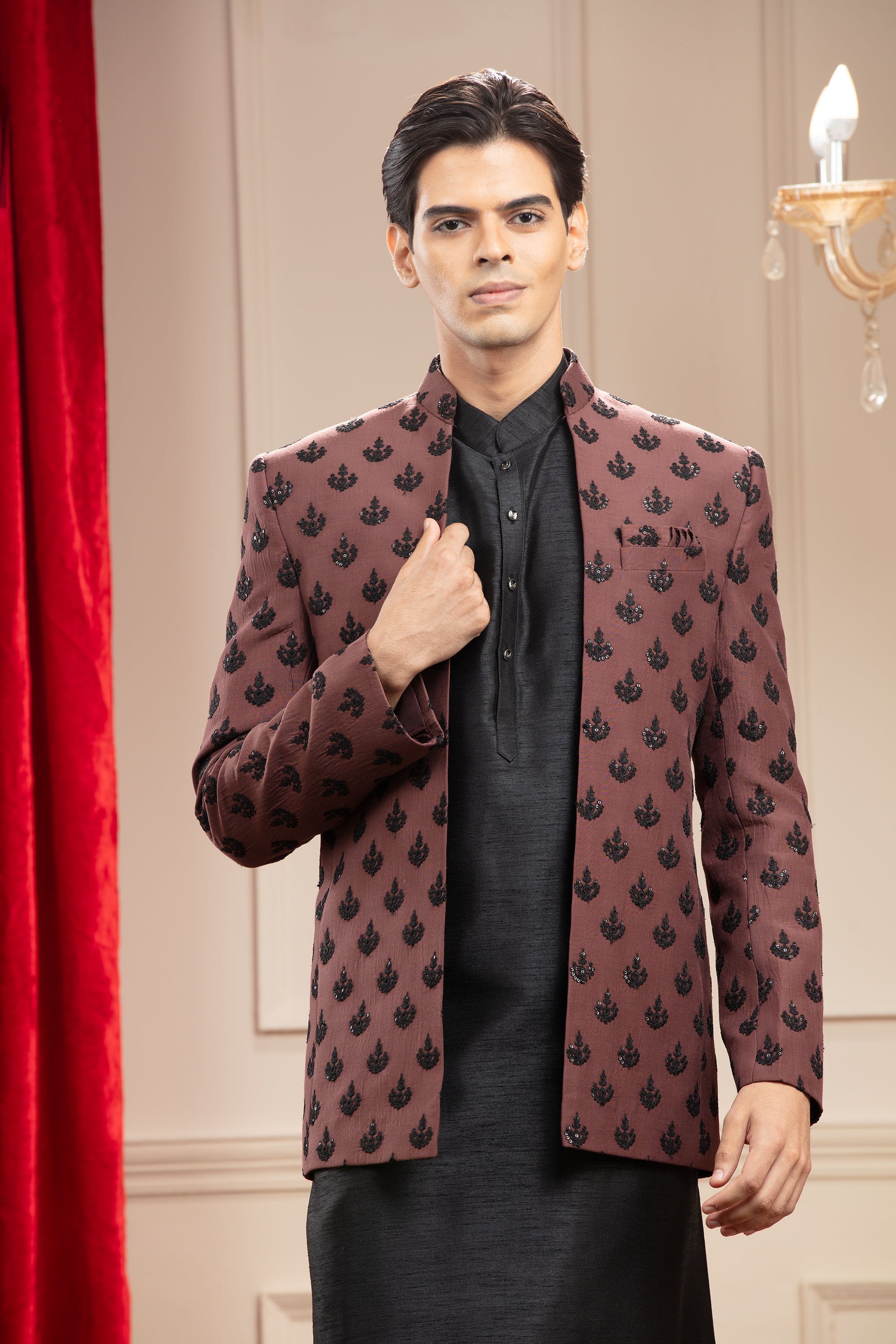 Rust and Black Silk Open Indo-Western Set with Sequin Work