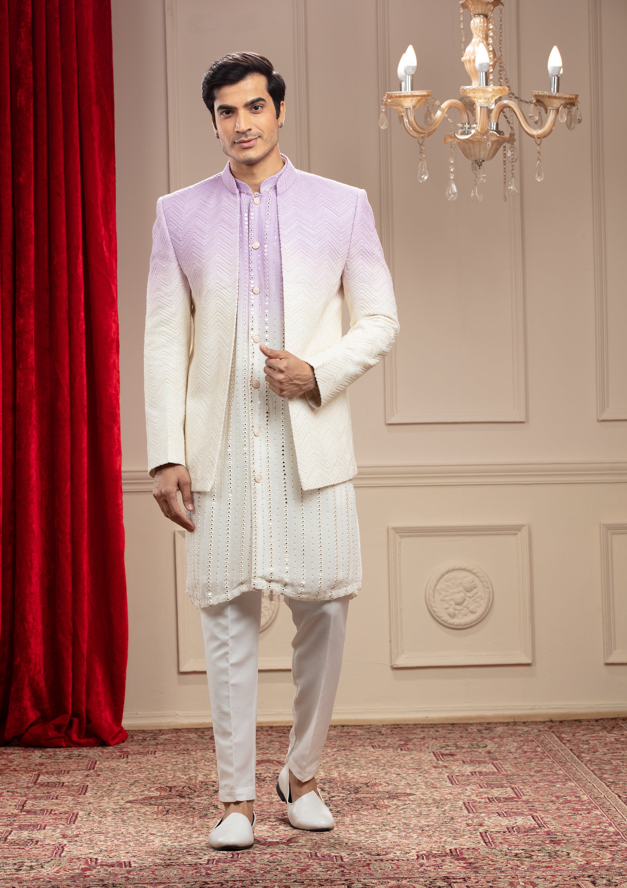 Lilac Ombre Open Indo Western With Sequins And Resham Thread Work