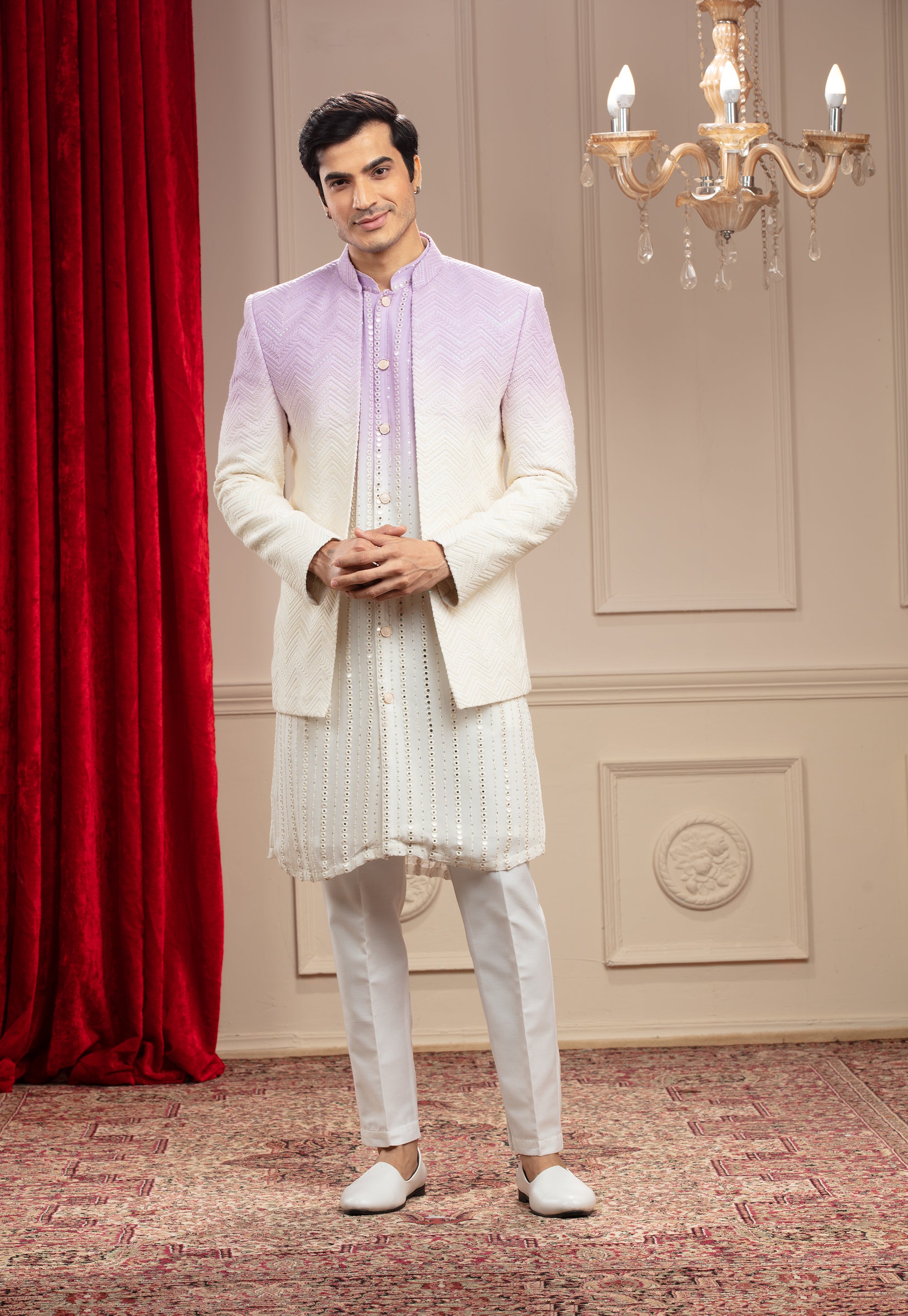Lilac Ombre Open Indo Western With Sequins And Resham Thread Work