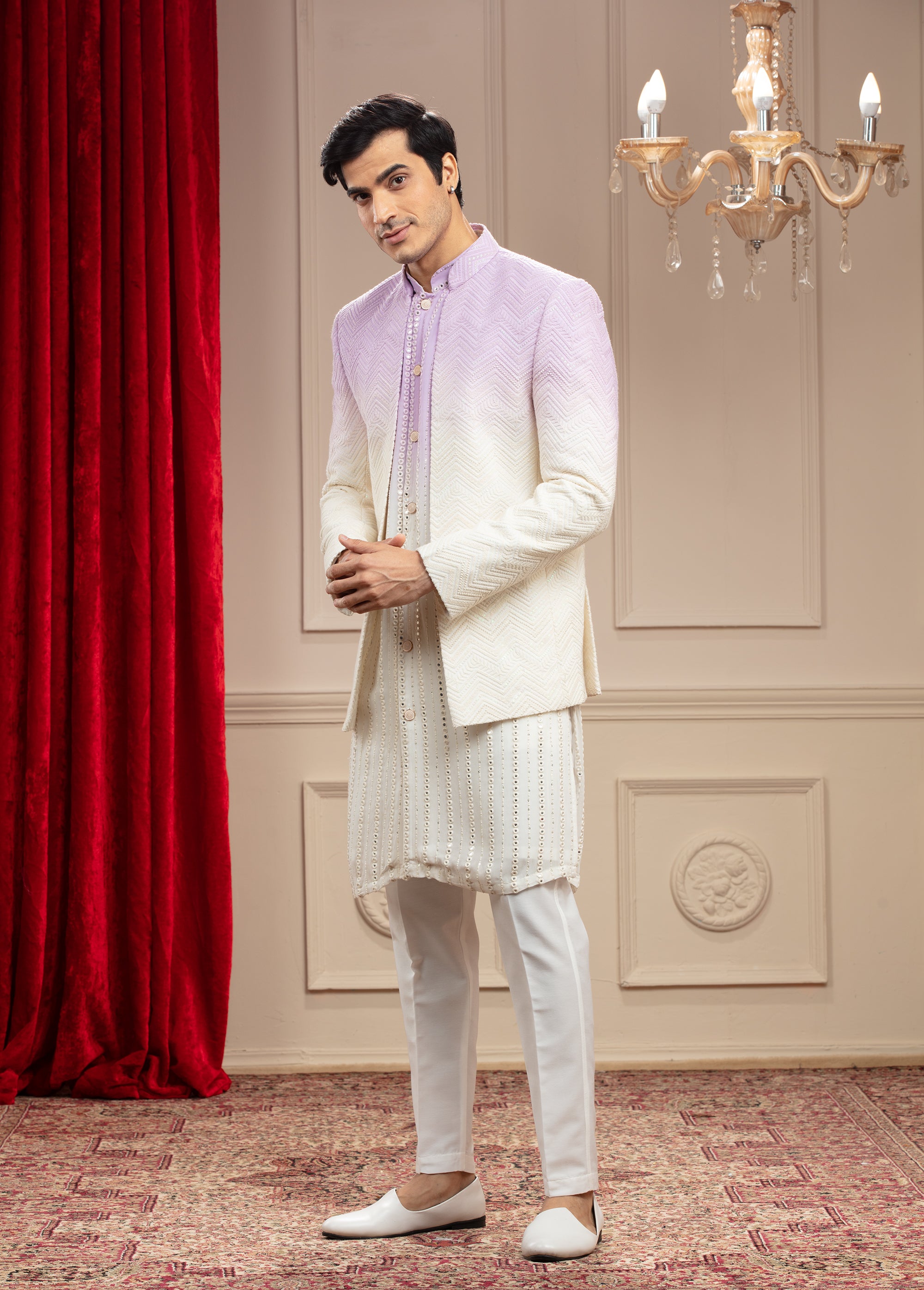Lilac Ombre Open Indo Western With Sequins And Resham Thread Work