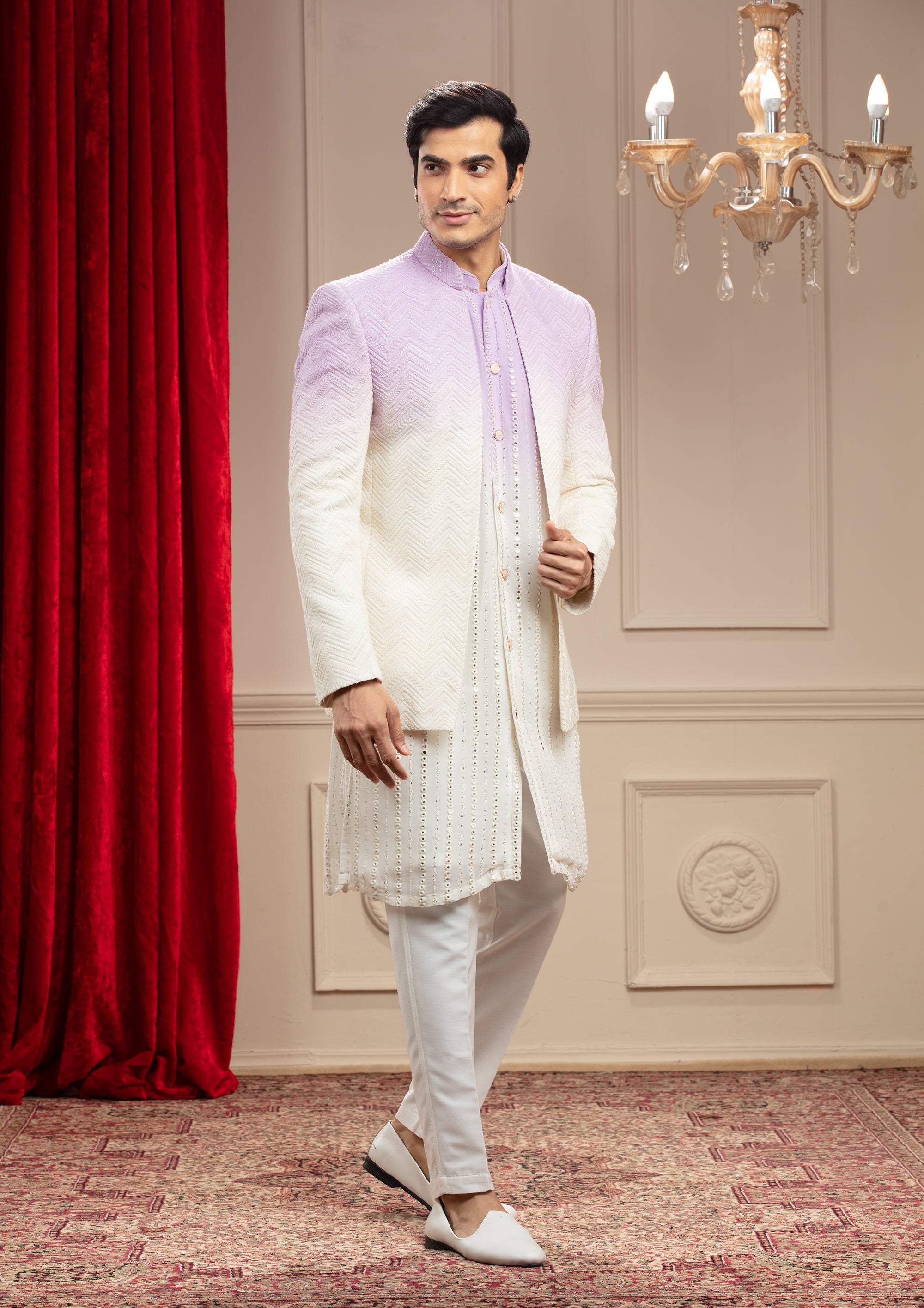 Lilac Ombre Open Indo Western With Sequins And Resham Thread Work