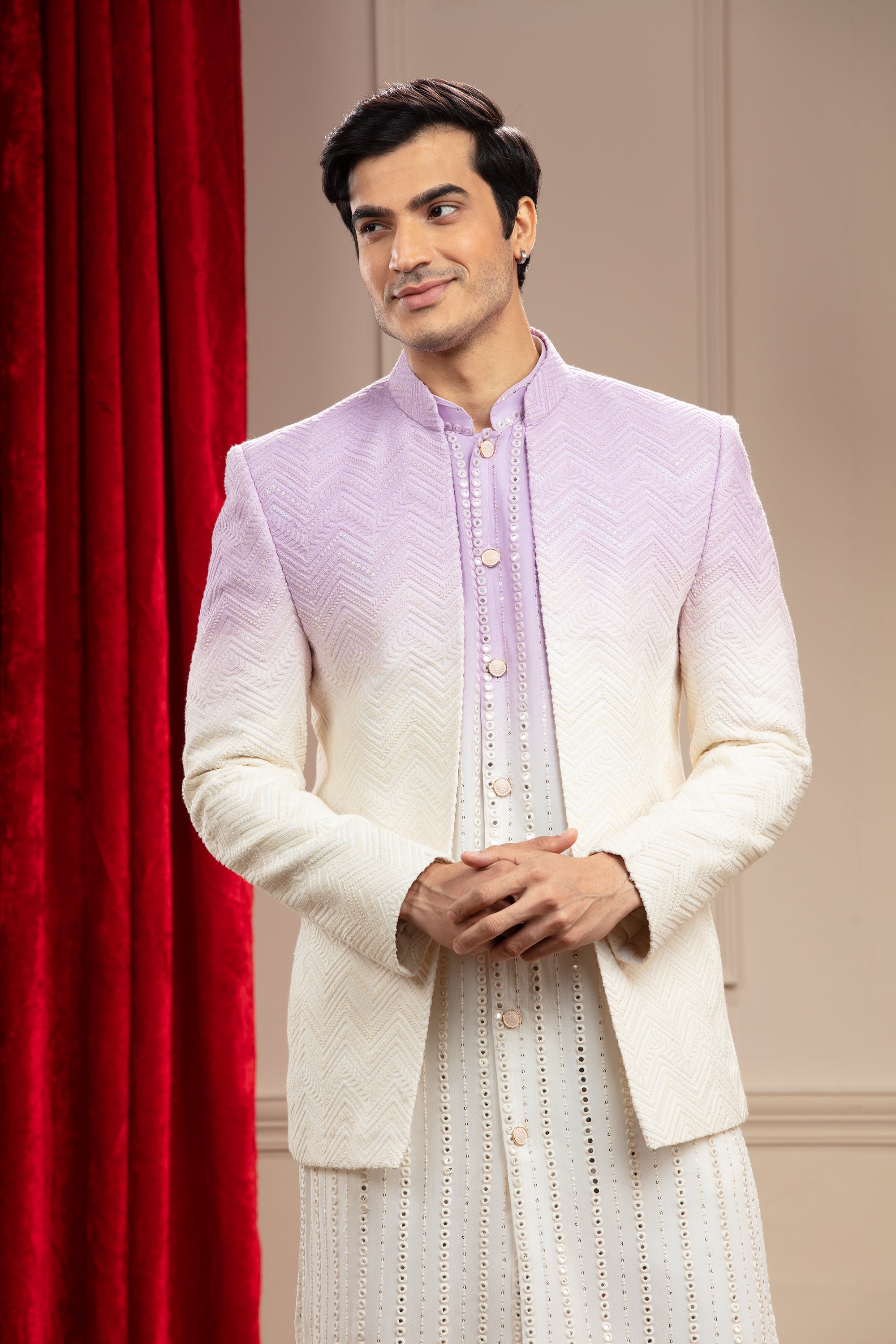 Lilac Ombre Open Indo Western With Sequins And Resham Thread Work