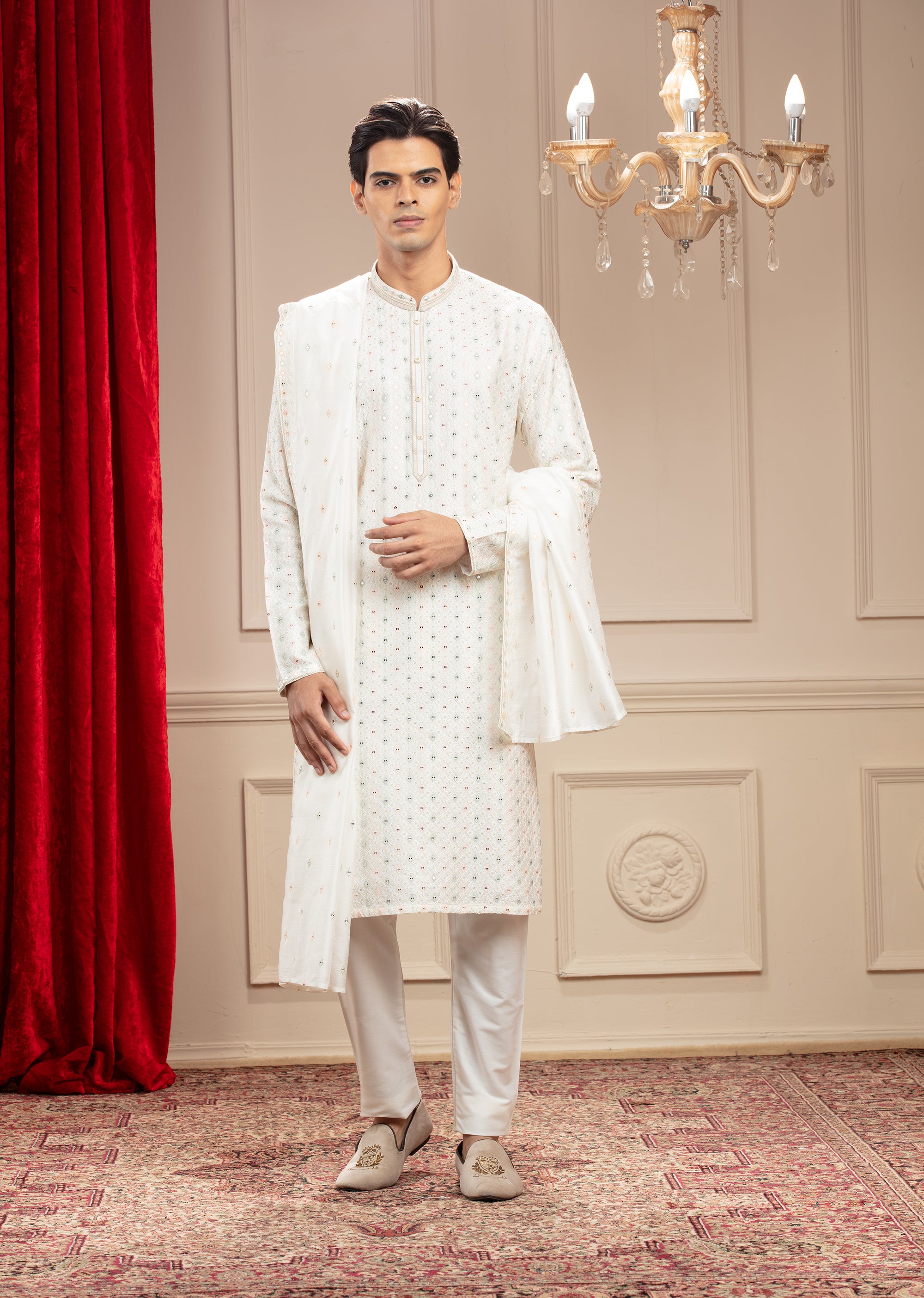 Milky White Banarasi Silk Kurta Set With Dupatta