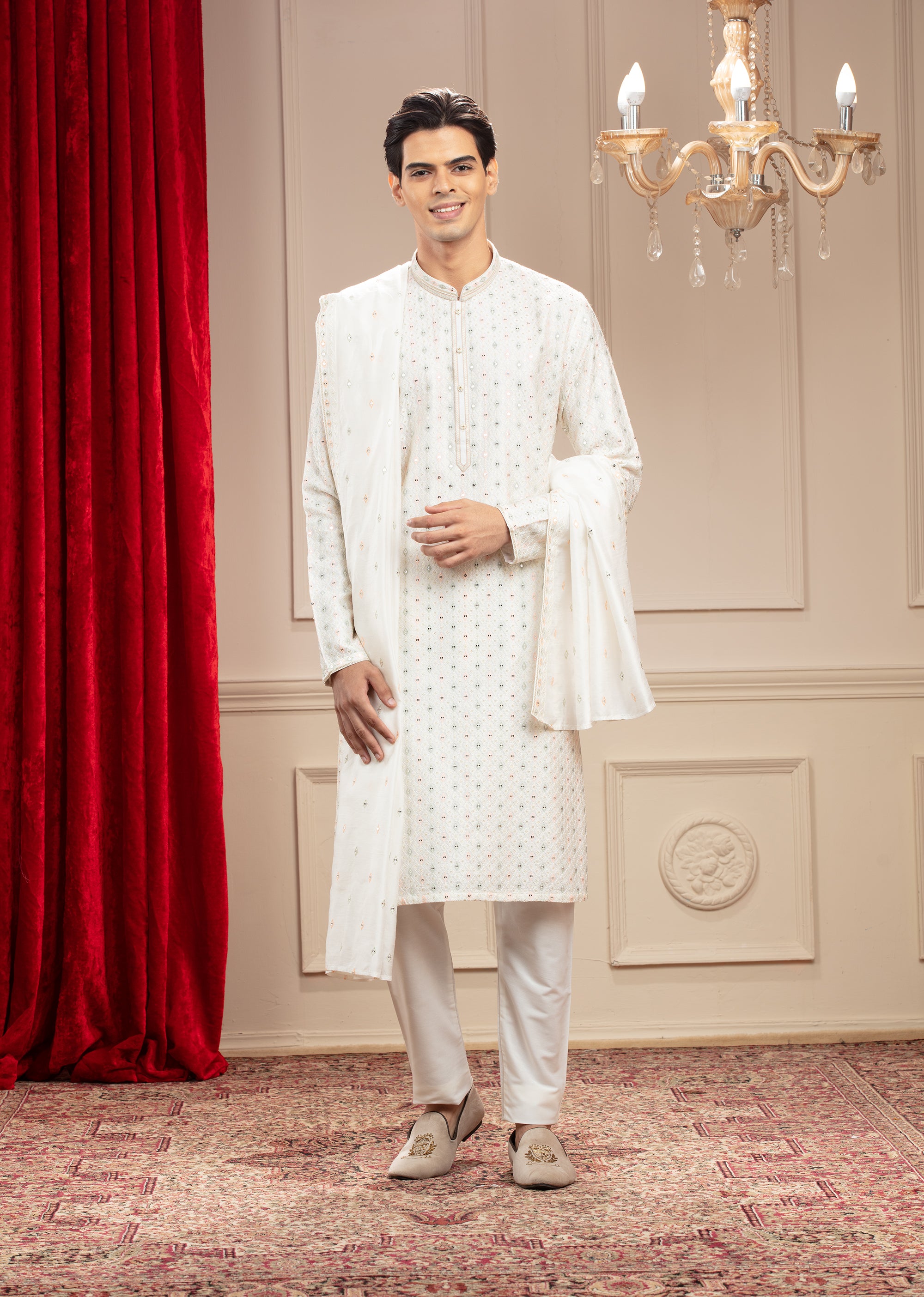 Milky White Banarasi Silk Kurta Set With Dupatta