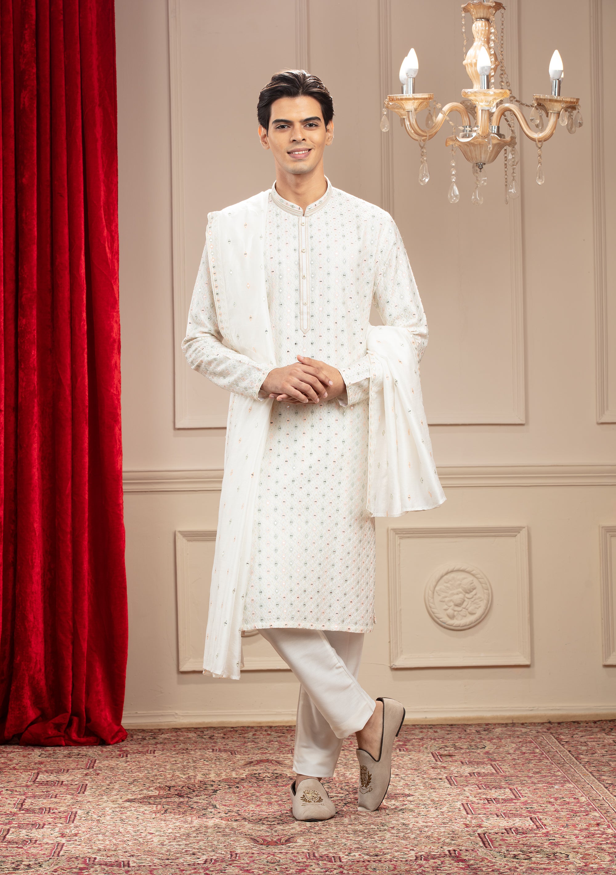 Milky White Banarasi Silk Kurta Set With Dupatta