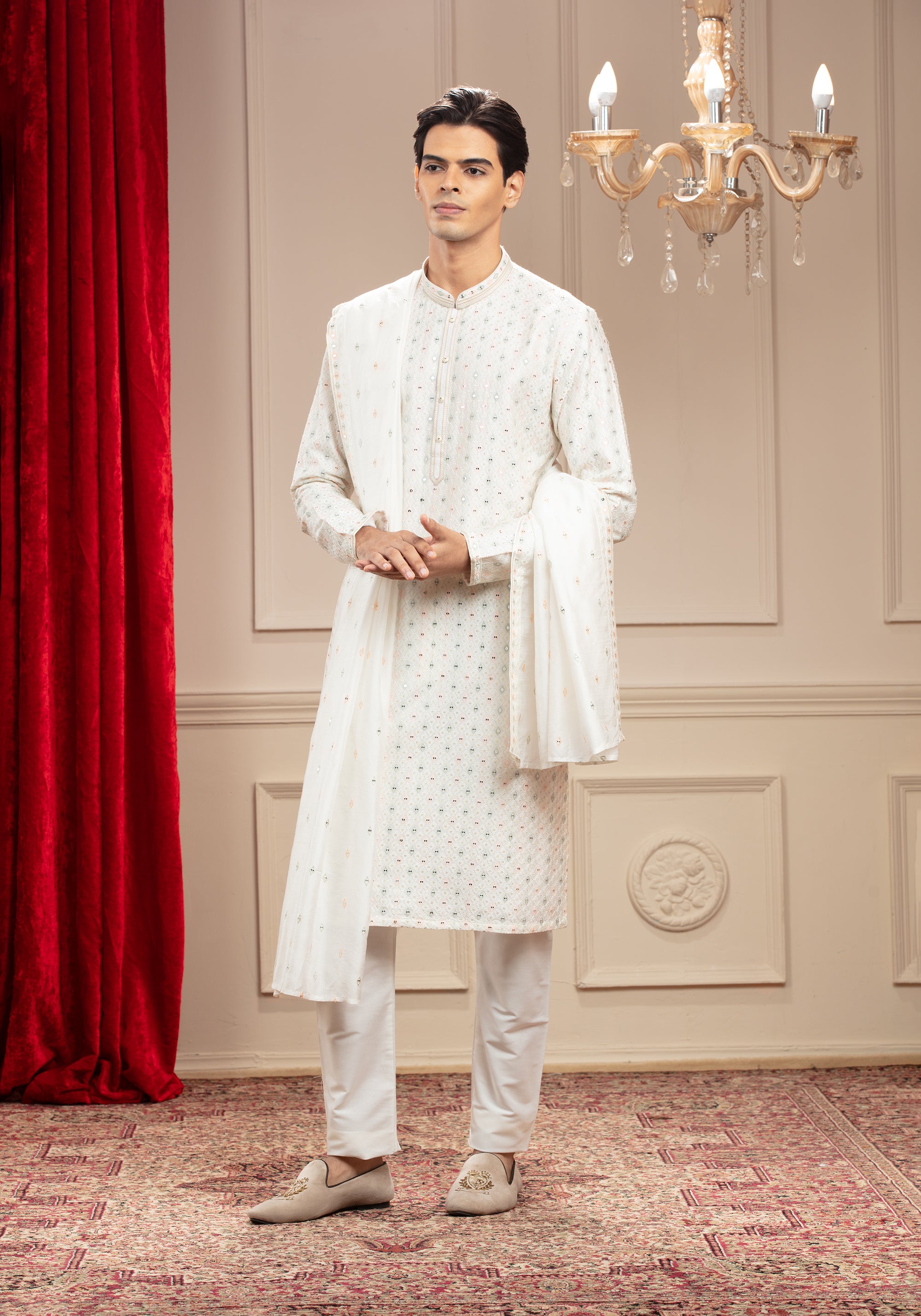 Milky White Banarasi Silk Kurta Set With Dupatta
