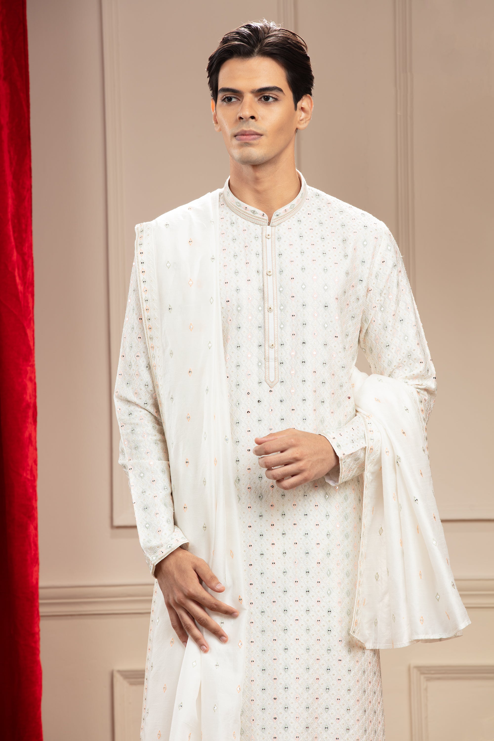 Milky White Banarasi Silk Kurta Set With Dupatta