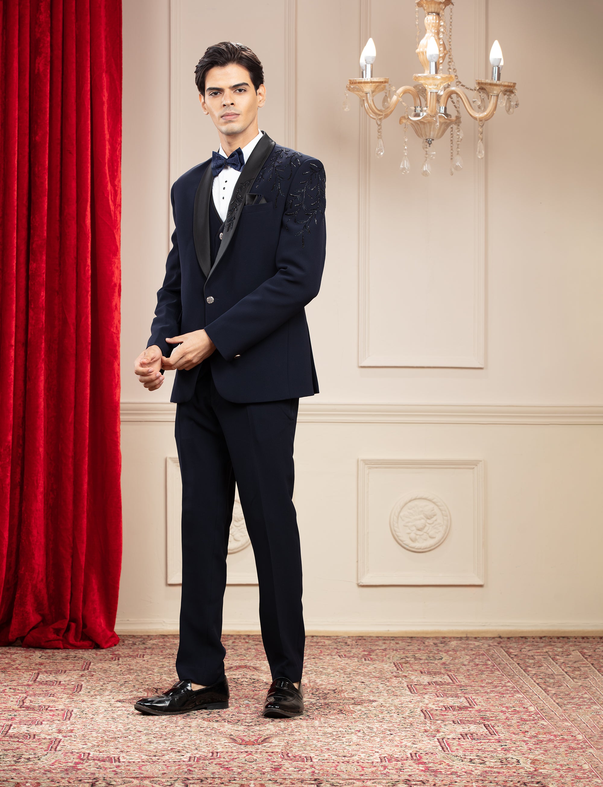 Midnight Blue Tuxedo With Hand Embroidery And Bow Tie