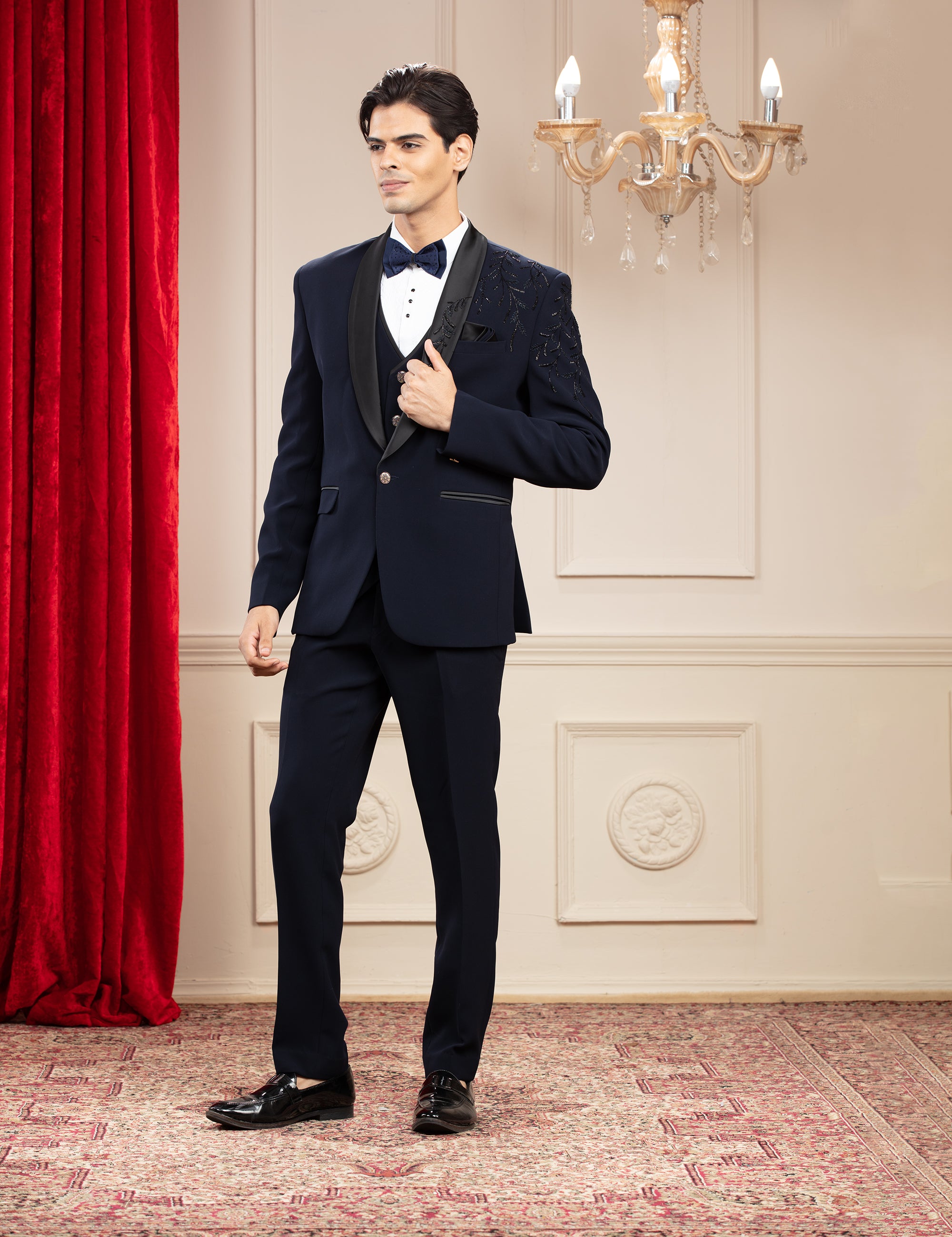 Midnight Blue Tuxedo With Hand Embroidery And Bow Tie