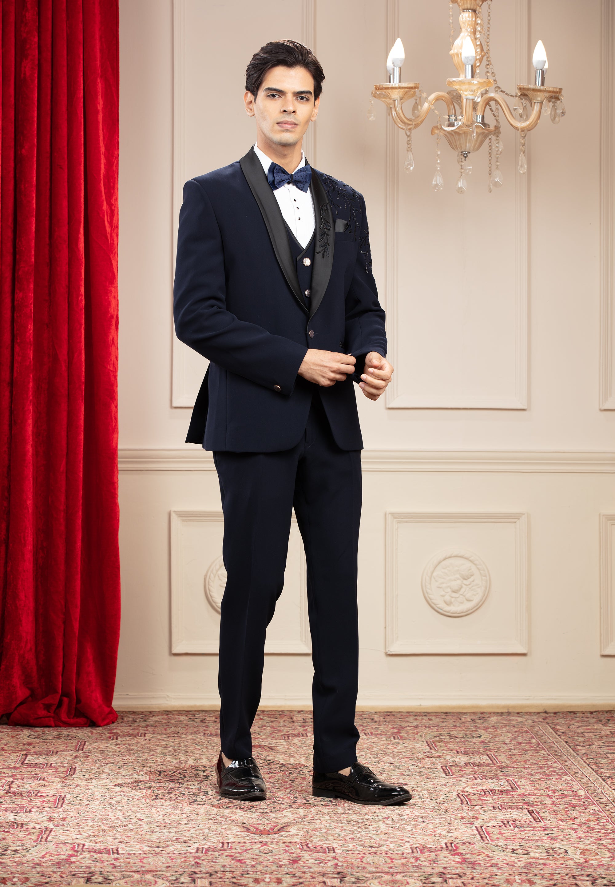 Midnight Blue Tuxedo With Hand Embroidery And Bow Tie