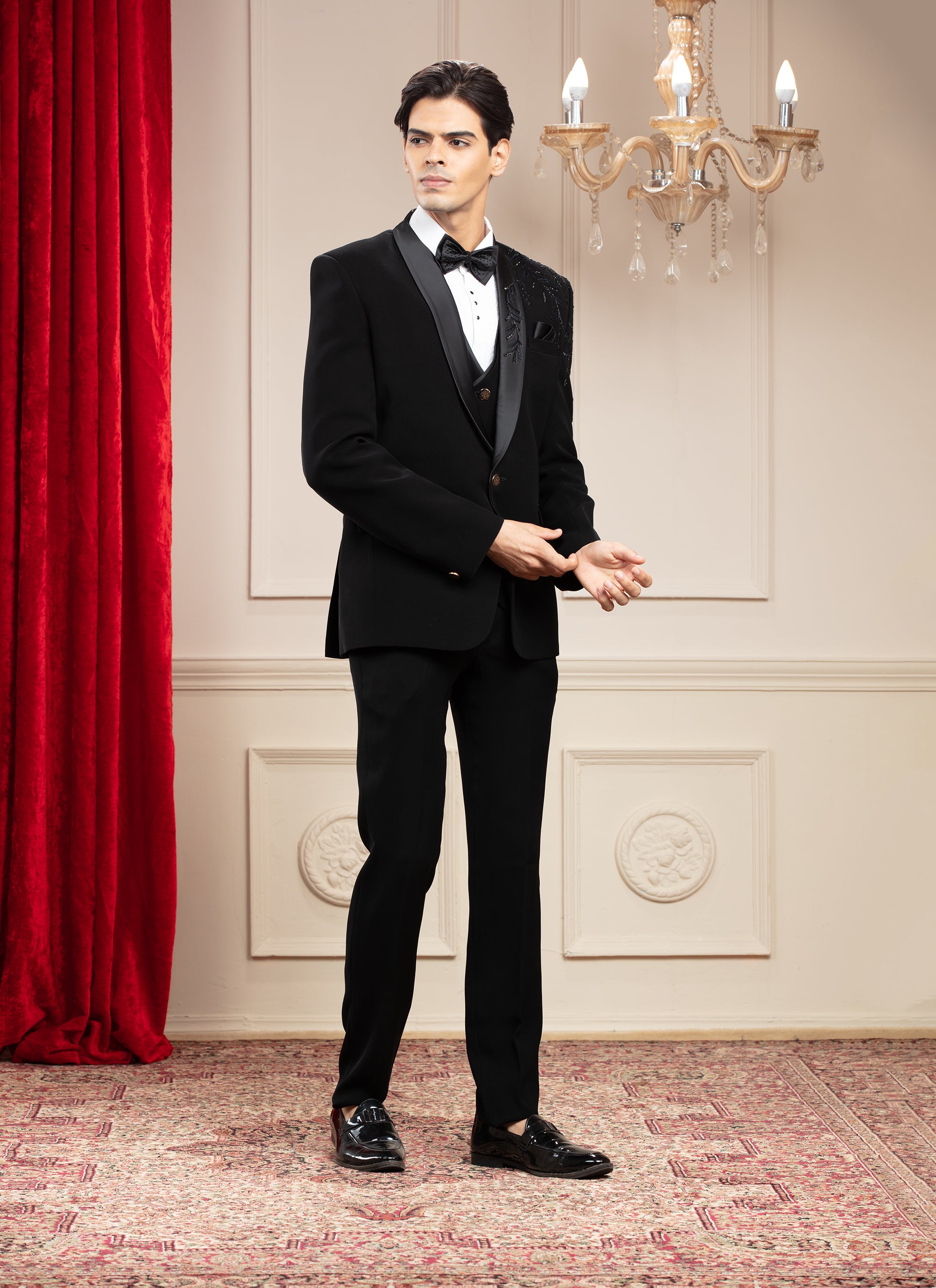 Jet Black Tuxedo With Hand Embroidery And Bow Tie