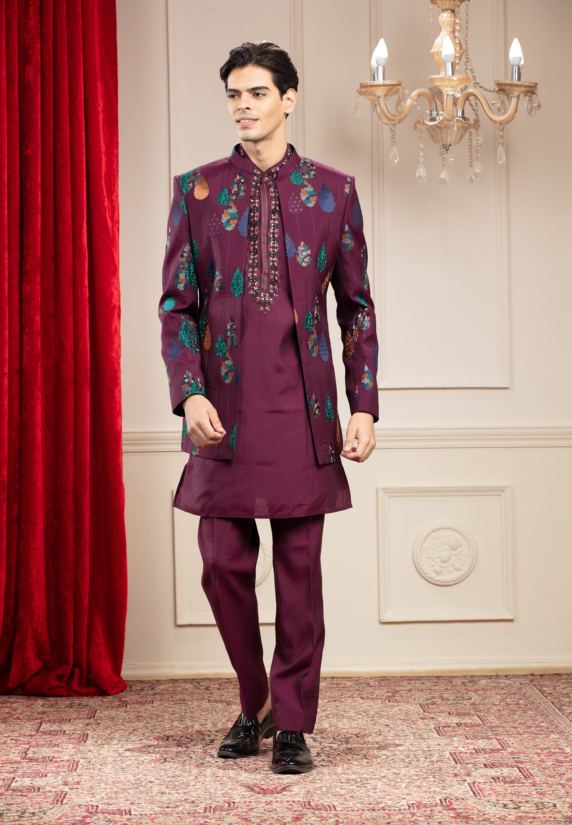Maroon Open Indo Western With Resham And Computer Embroidery