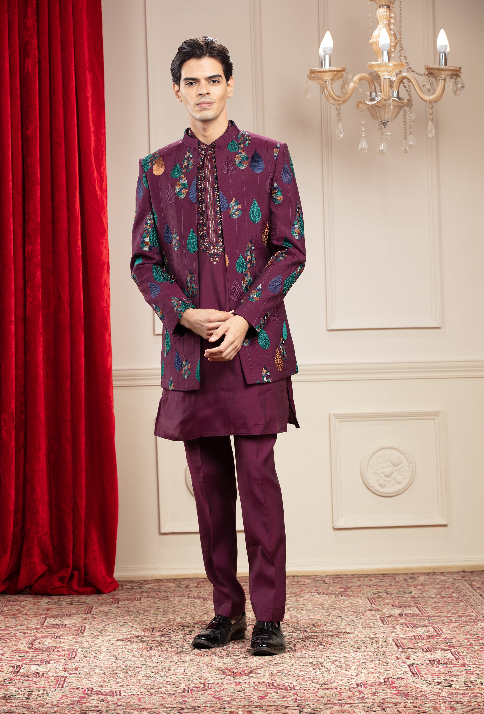 Maroon Open Indo Western With Resham And Computer Embroidery