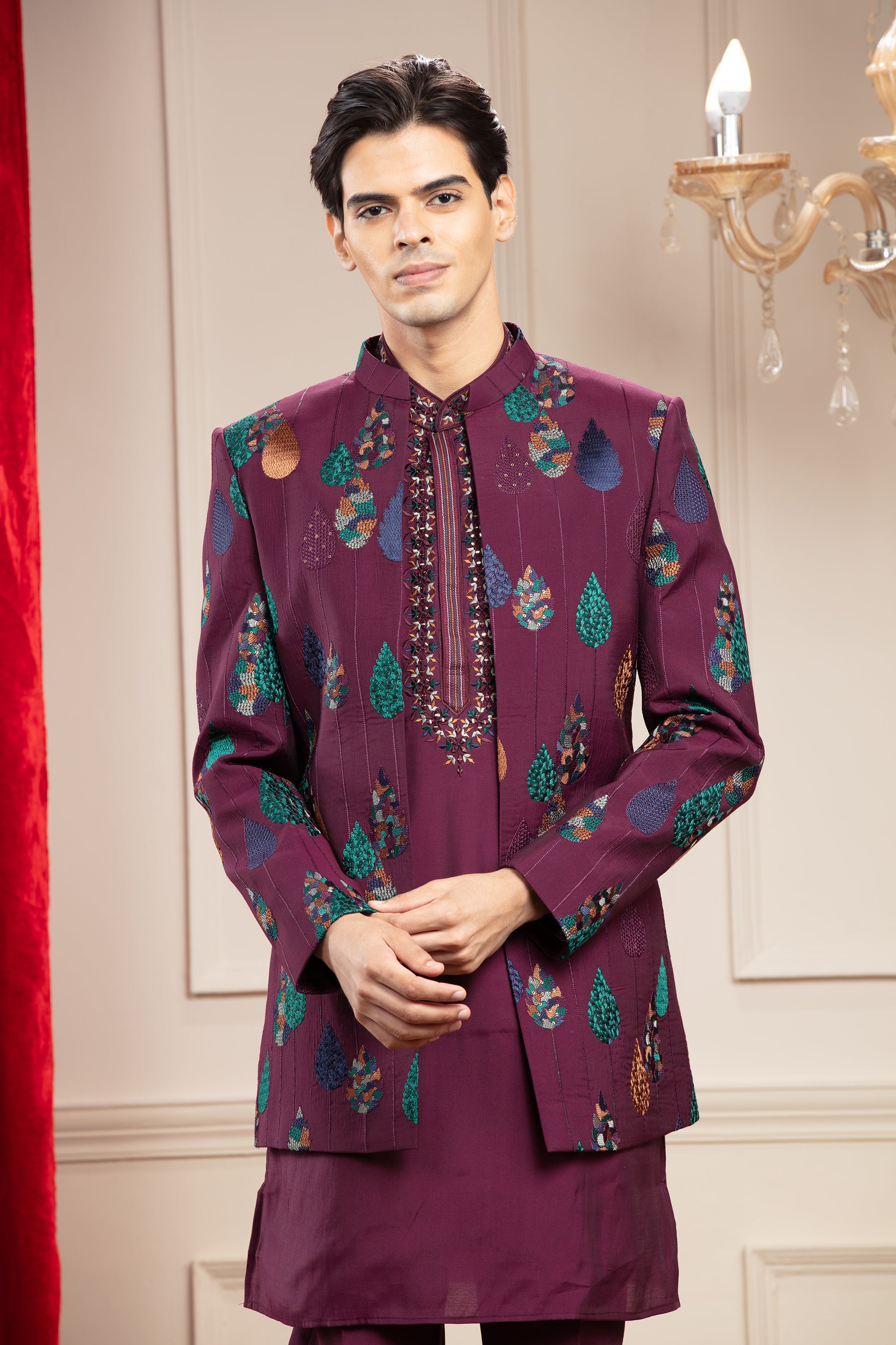 Maroon Open Indo Western With Resham And Computer Embroidery