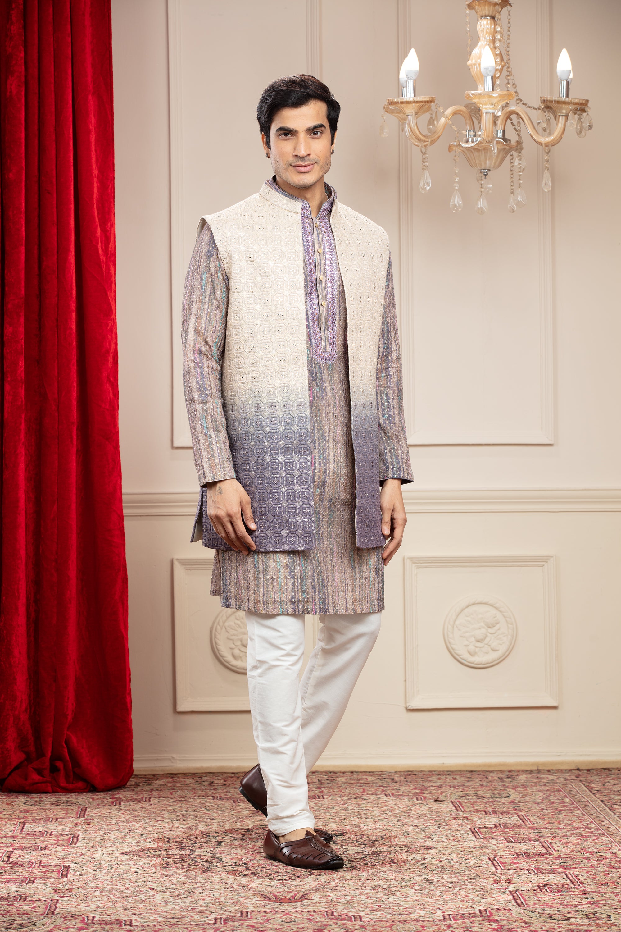 Dove Grey Tie Die Printed Lucknowi Open Jacket Set