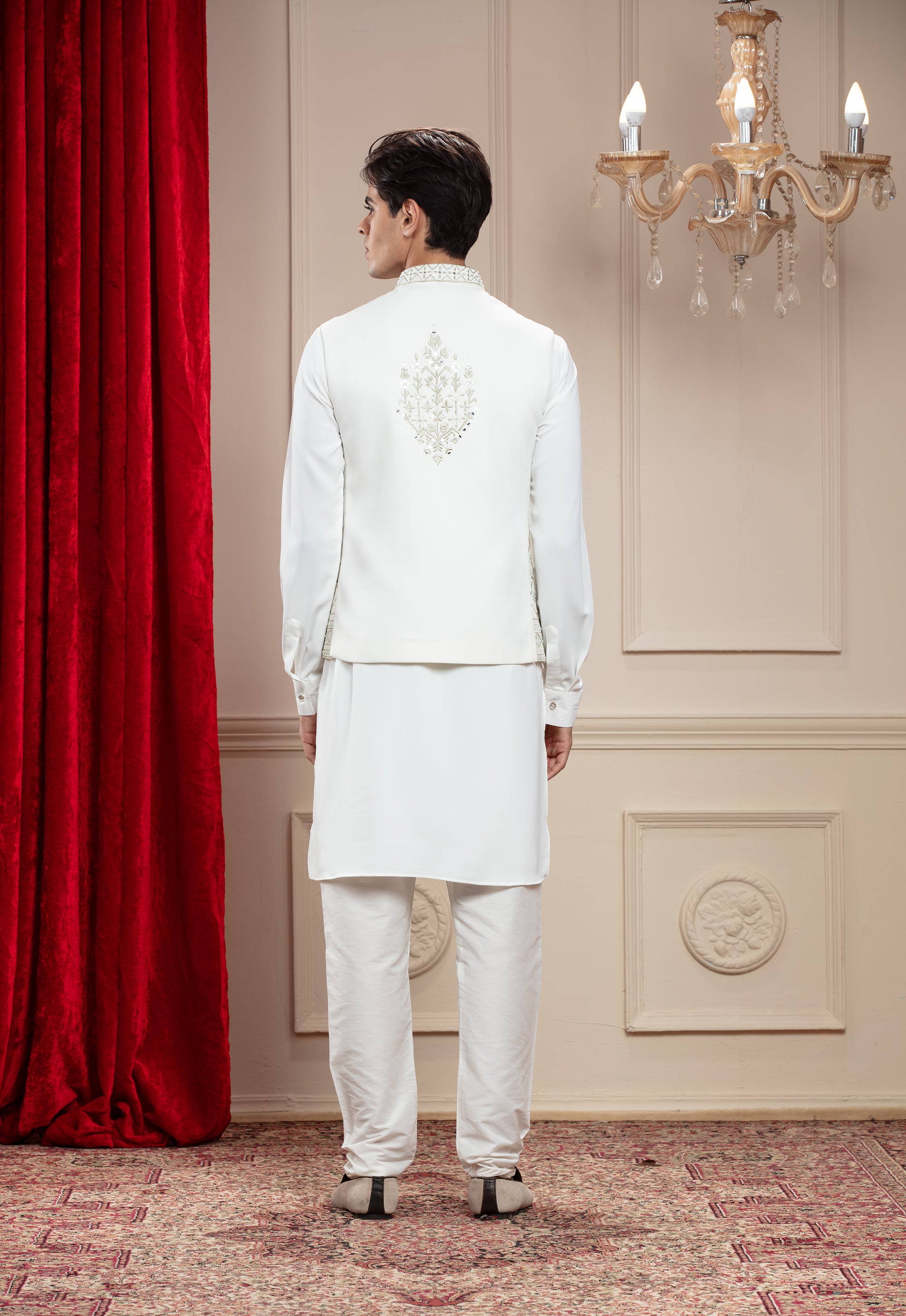 Porcelain White Jacket Kurta Set With Mirror Work