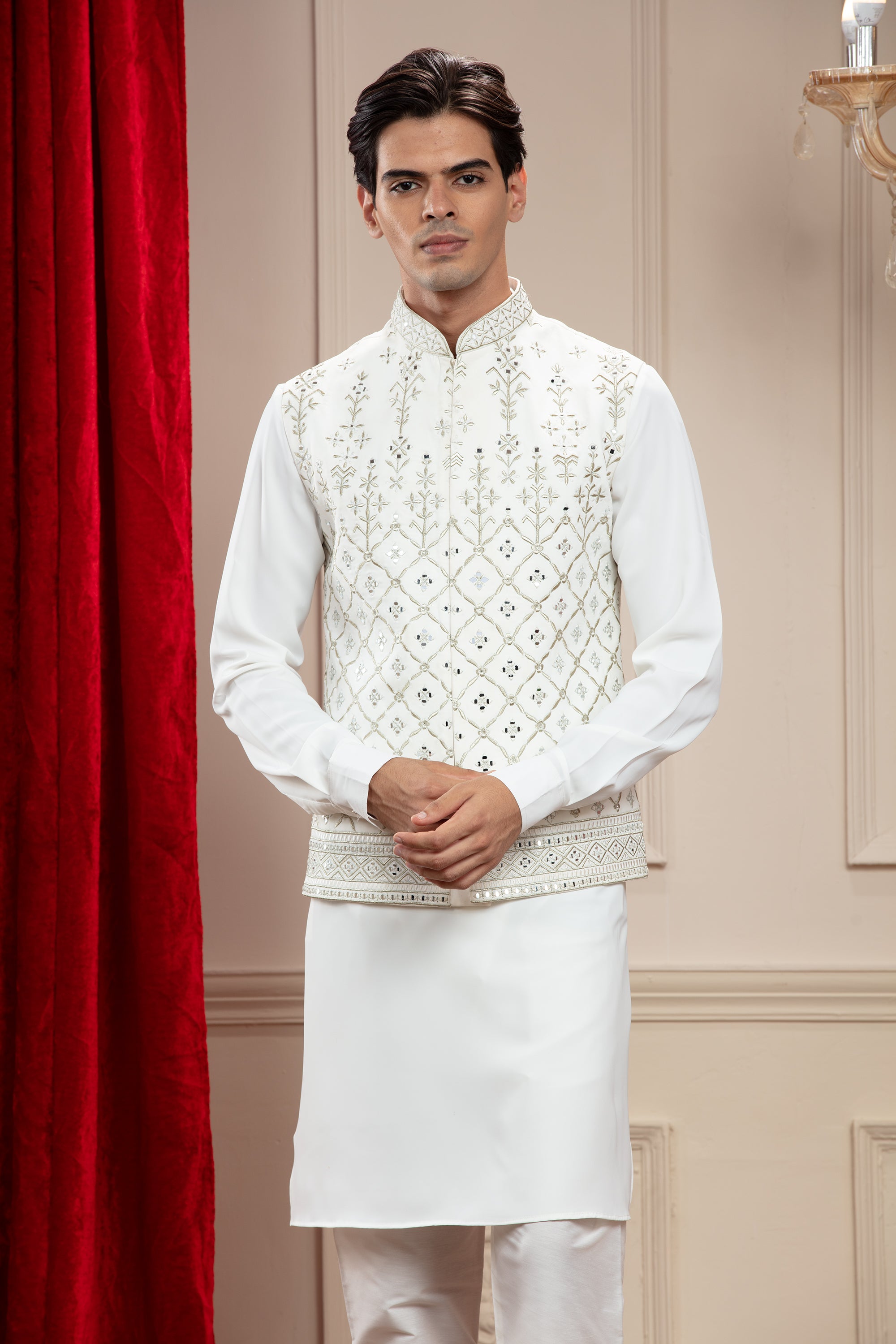 Porcelain White Jacket Kurta Set With Mirror Work