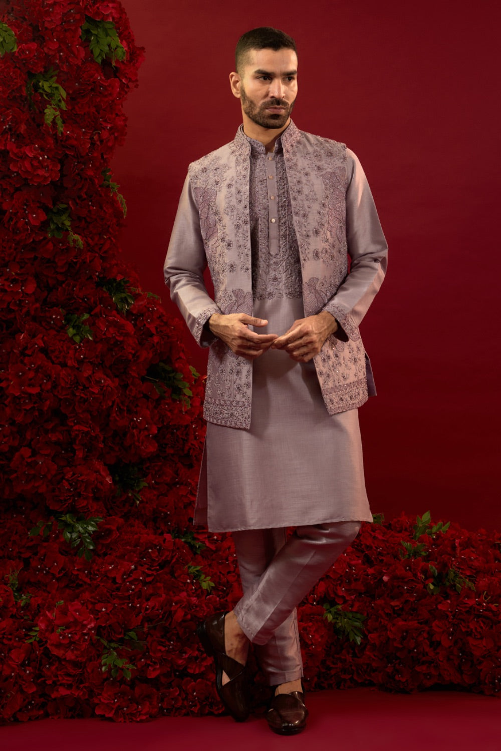 Mauve Silk Kurta Jacket Set With Detailed Hand And Machine Work