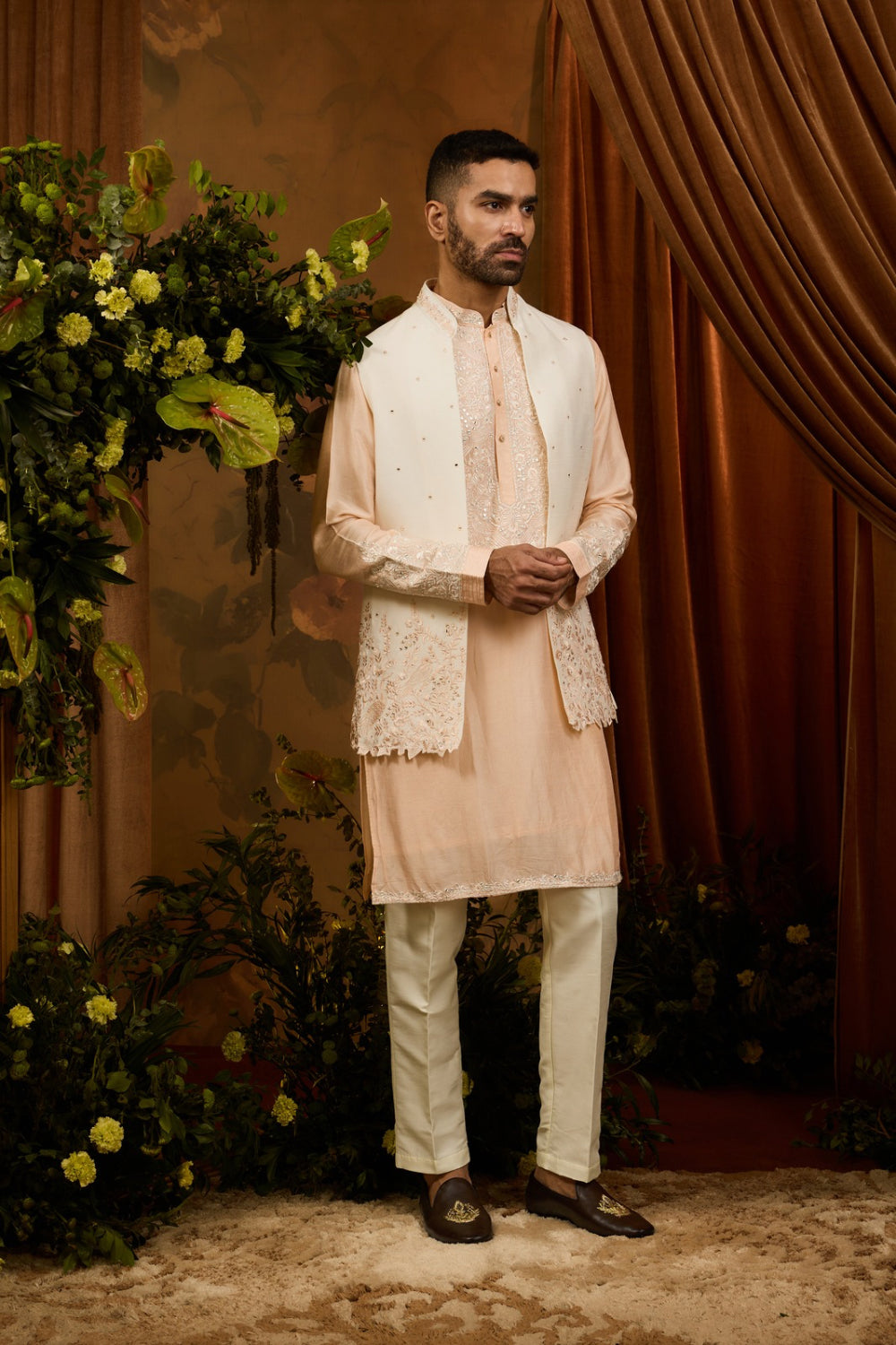 Silk Koti With Firozi Kurta Set With Embroidery Work