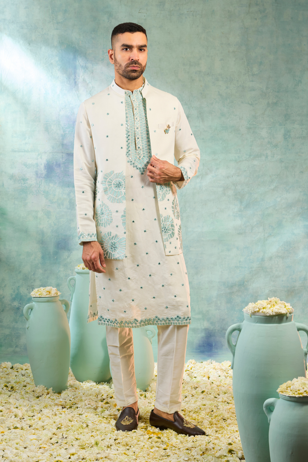 Mint Green Silk Koti Set With Thread Work