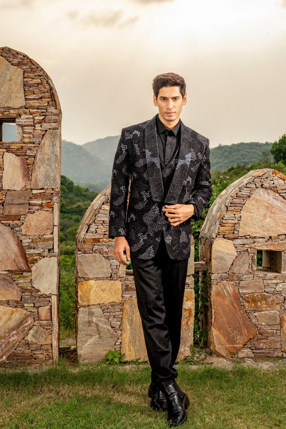 Black Suiting Tuxedo With Thread Embroidery, Pearl And Cut Dana Work