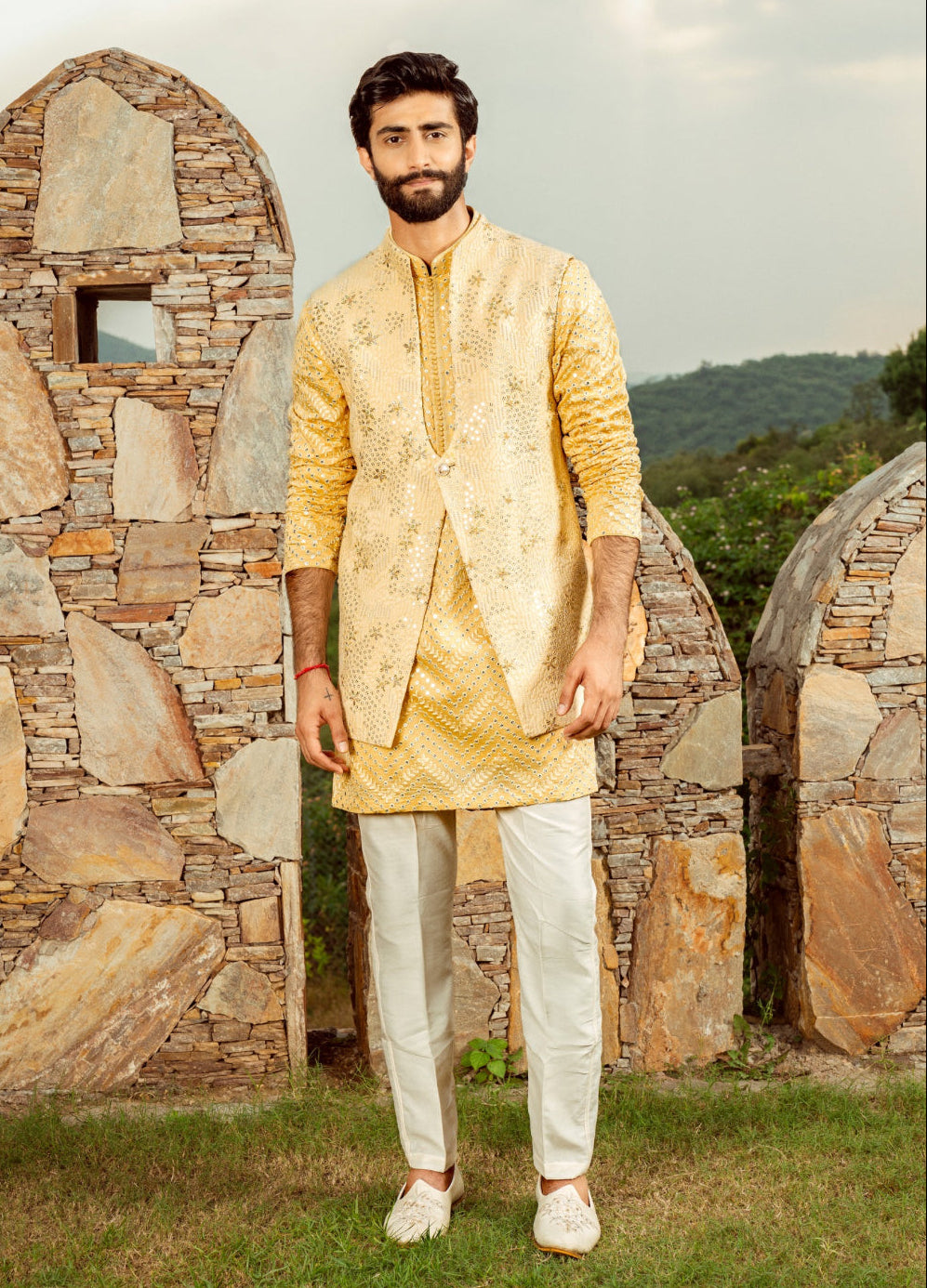 Yellow Silk Koti Set With Mirror And Thread Work
