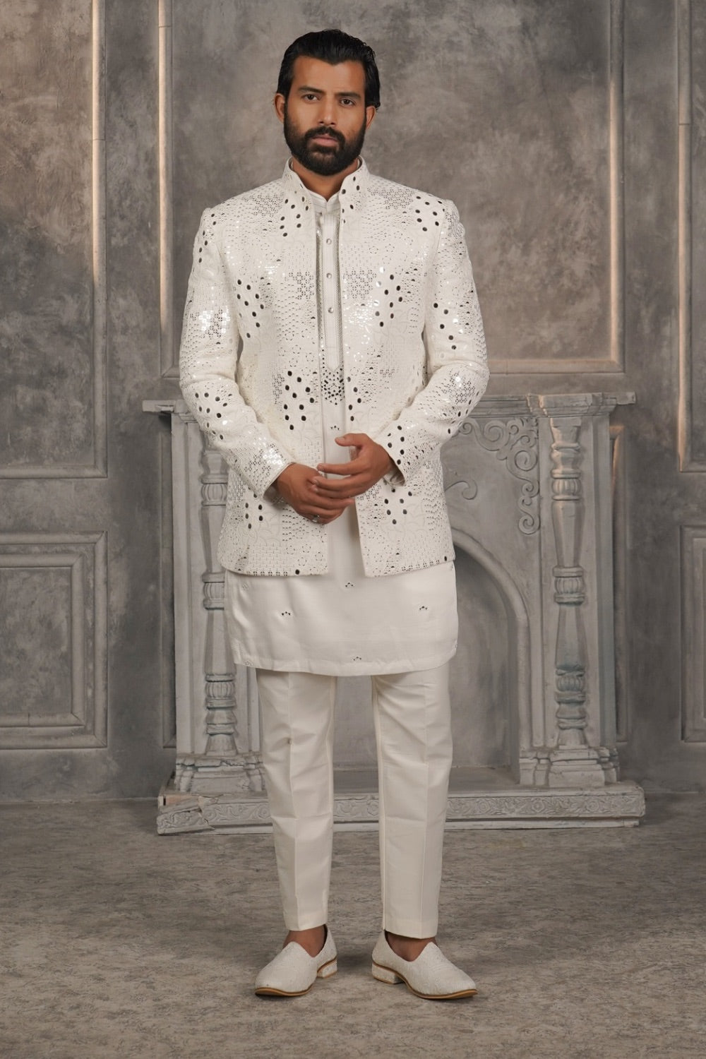 Pristine White Silk Open Jacket Kurta Set