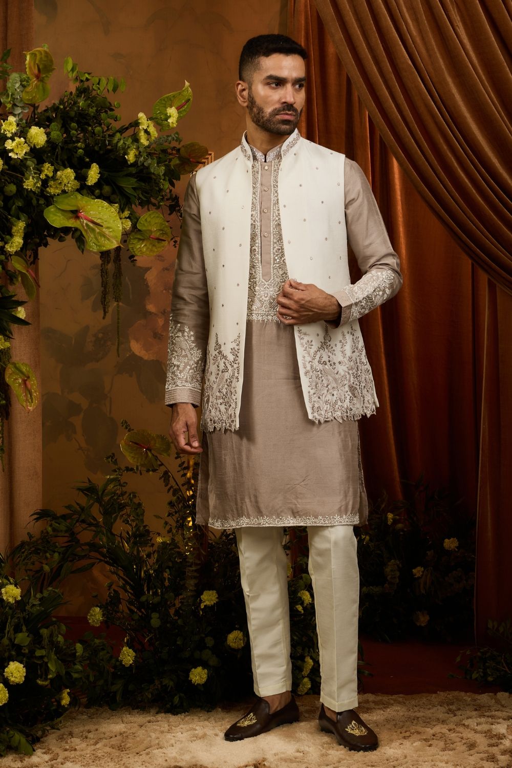 Silk Koti With Firozi Kurta Set With Embroidery Work