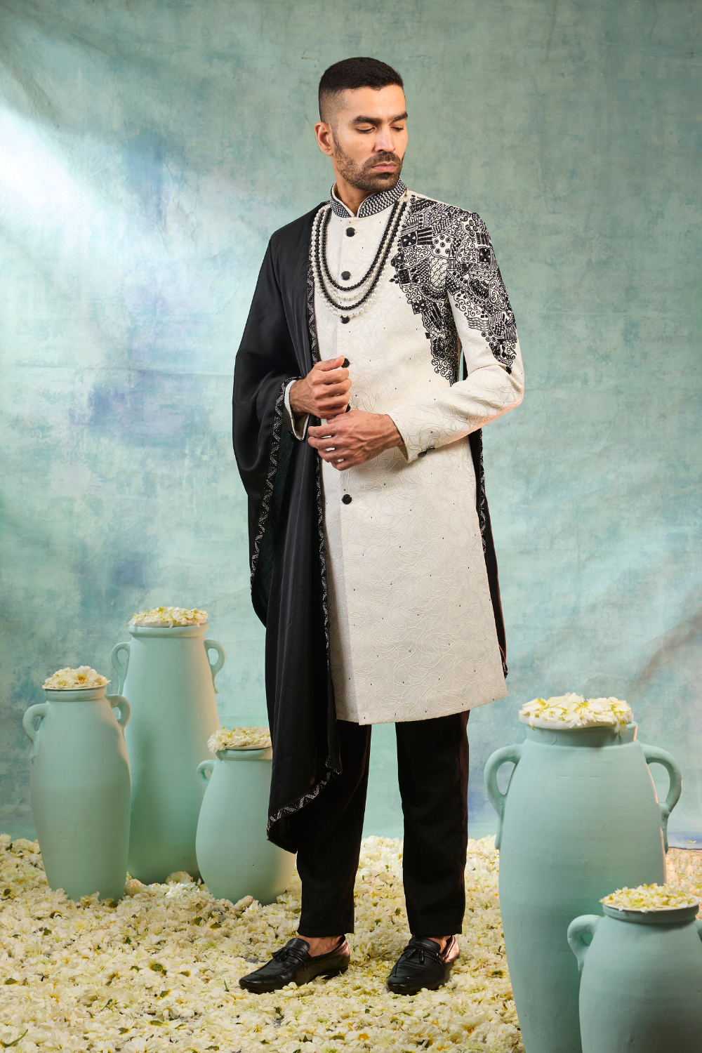 Black & White Silk Sherwani With Thread Embroidery