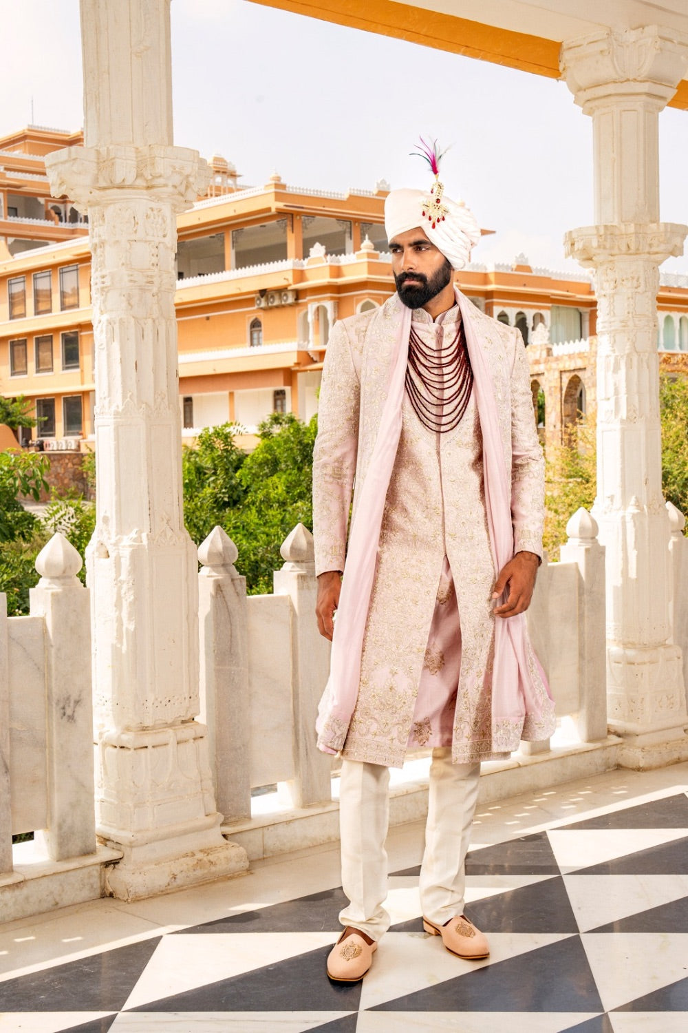 Light Pink Silk Sherwani With Machine And Hand Work