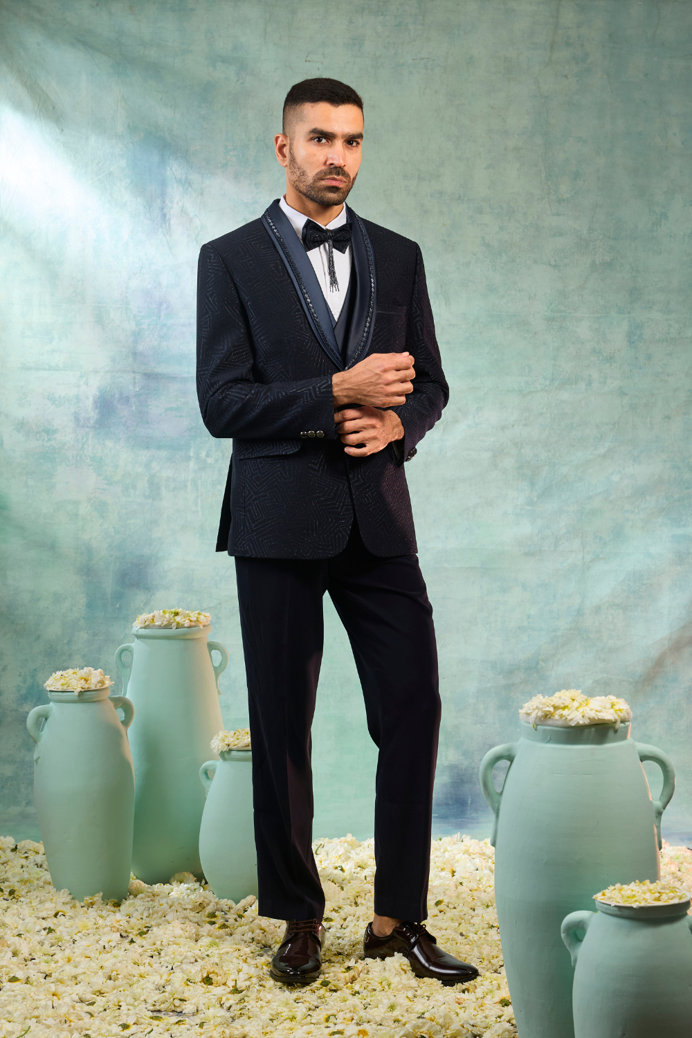 Dark Blue Jacquard Tuxedo With Lapel Work