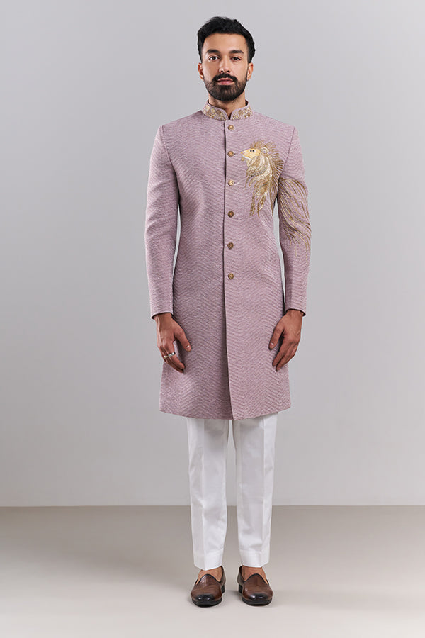 Lavender Satin Organza Lion Motif Men's Sherwani Set