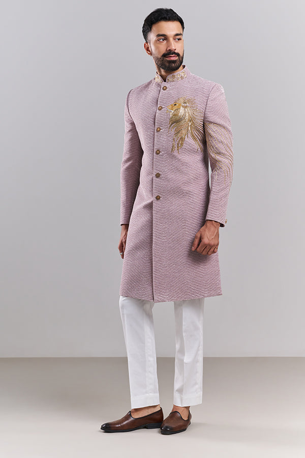 Lavender Satin Organza Lion Motif Men's Sherwani Set