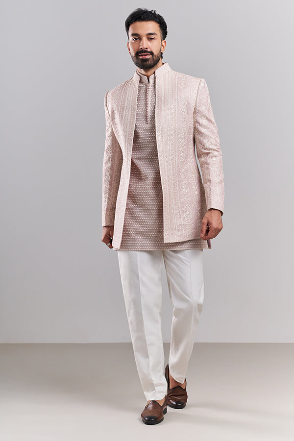 Blush Pink Tissue Silk Men's Jodhpuri Set with Paisley Detailing