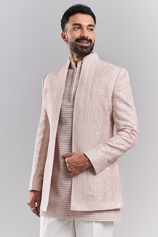 Blush Pink Tissue Silk Men's Jodhpuri Set with Paisley Detailing