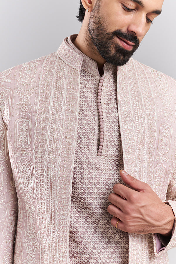Blush Pink Tissue Silk Men's Jodhpuri Set with Paisley Detailing