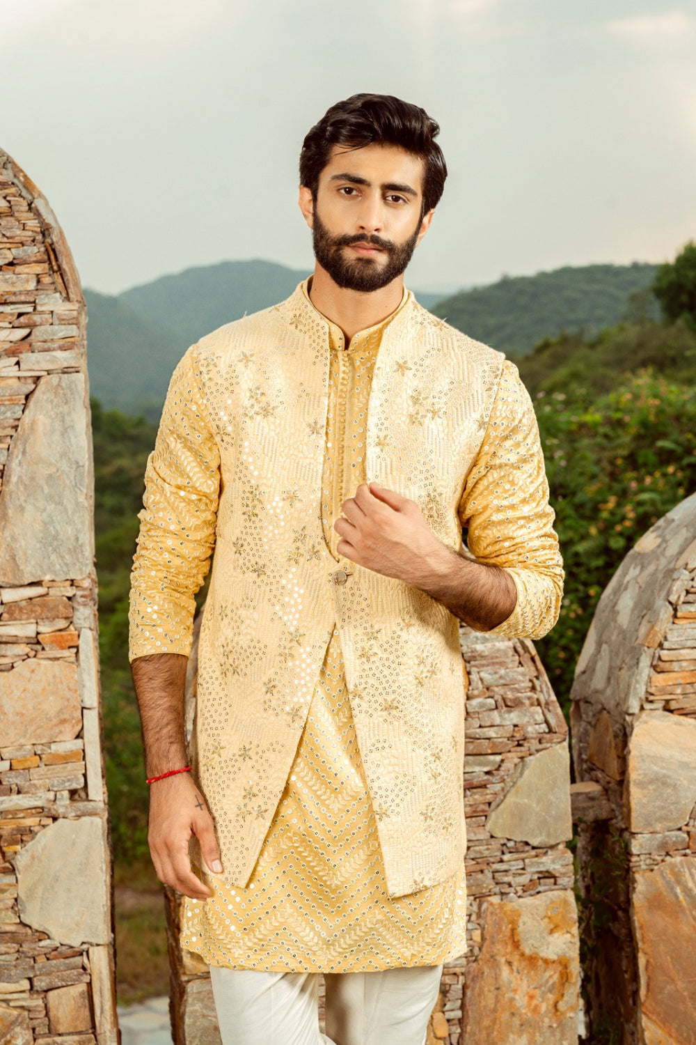 Yellow Silk Koti Set With Mirror And Thread Work