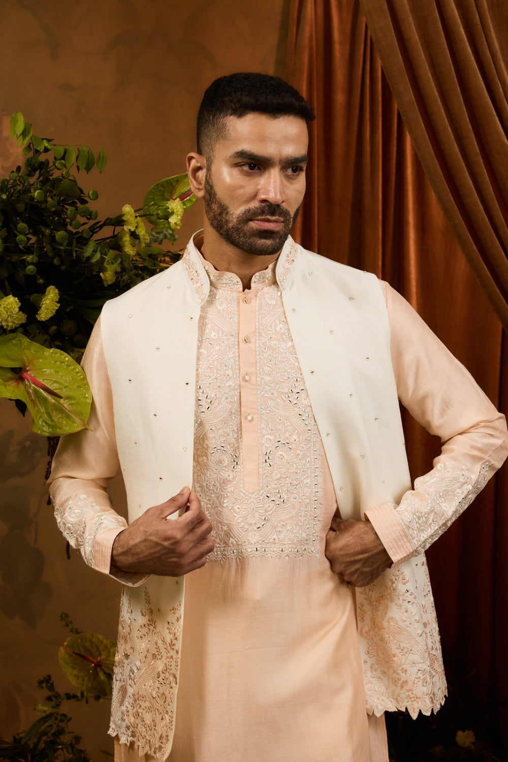 Silk Koti With Firozi Kurta Set With Embroidery Work