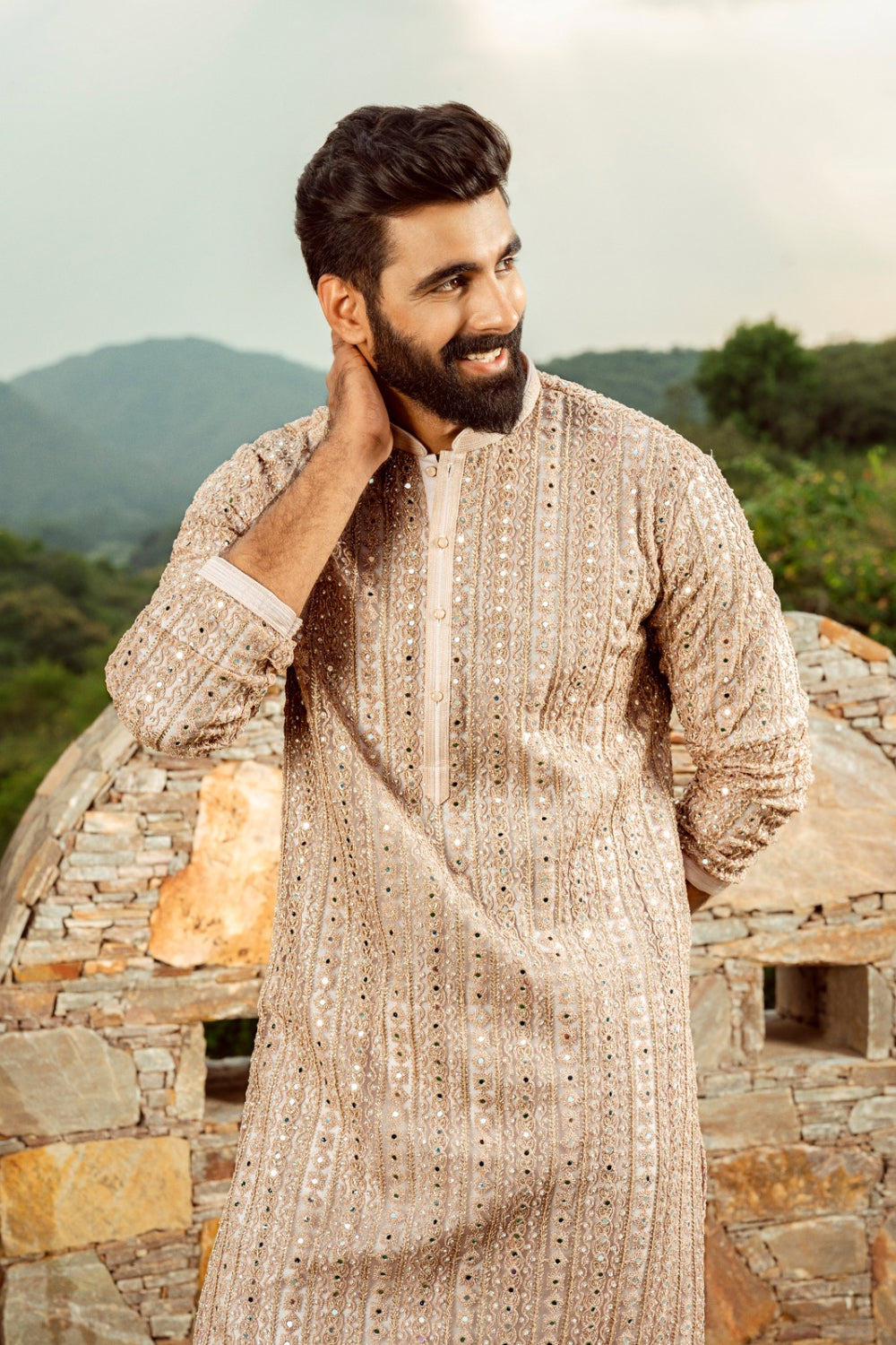 Pale Peach Silk Kurta Set With Mirror And Thread Work