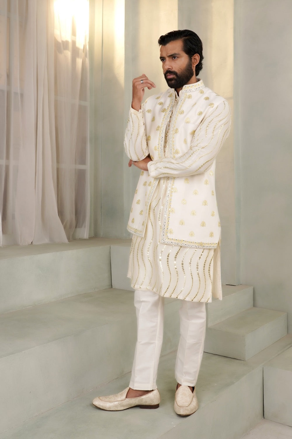 White And Golden Koti Kurta Set