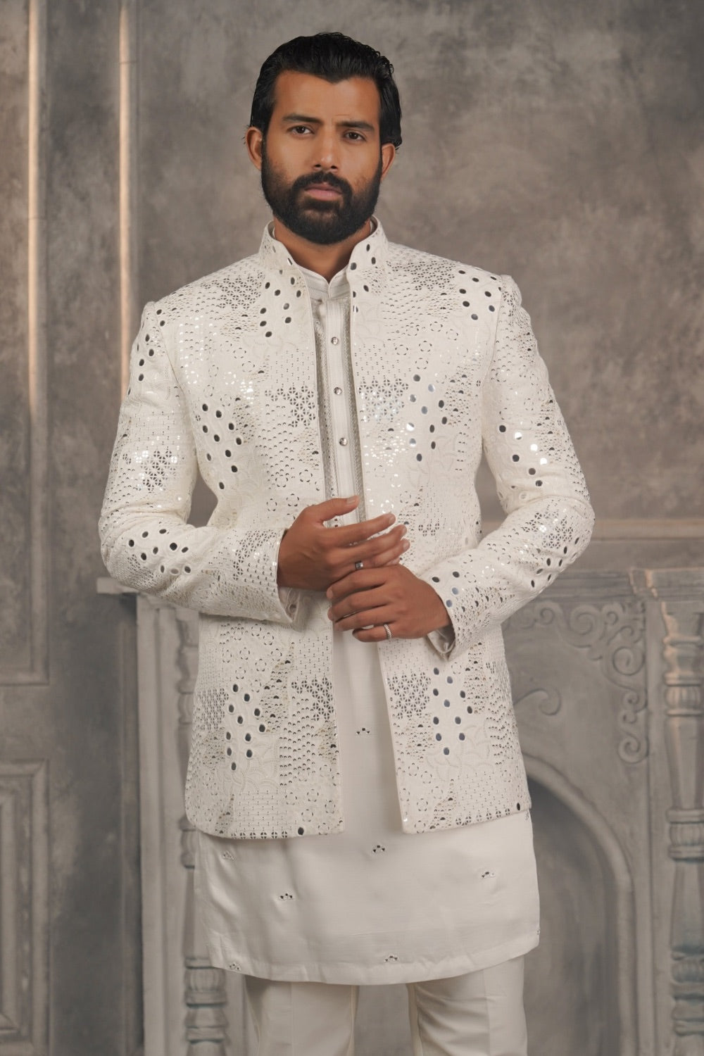 Pristine White Silk Open Jacket Kurta Set