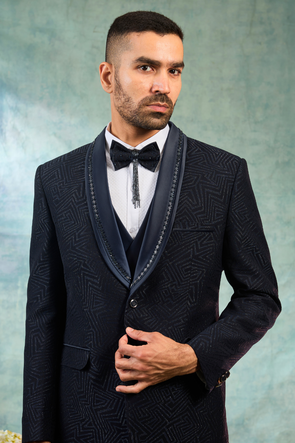 Dark Blue Jacquard Tuxedo With Lapel Work