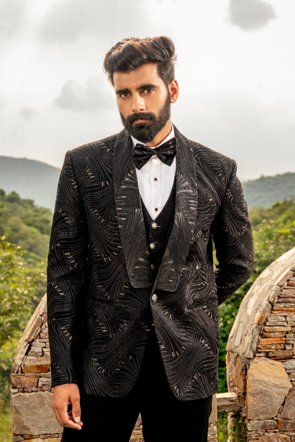 Black Five Piece Suiting Tuxedo With Thread And Pearl Work
