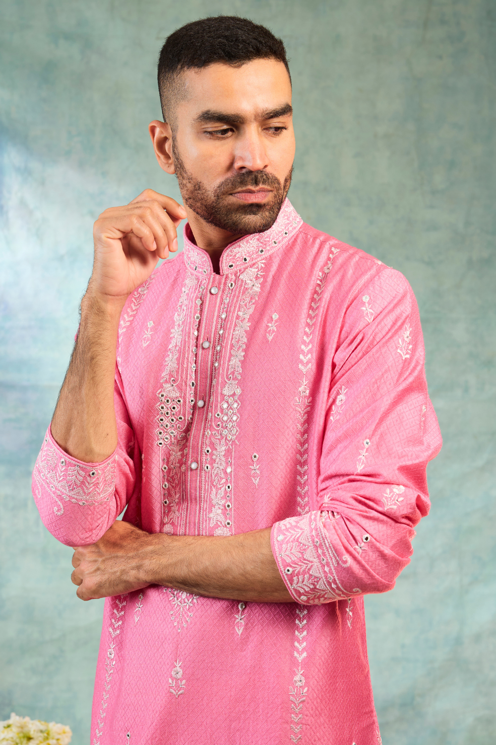 Baby Pink Silk Kurta Set With White Detailing And Mirror Work