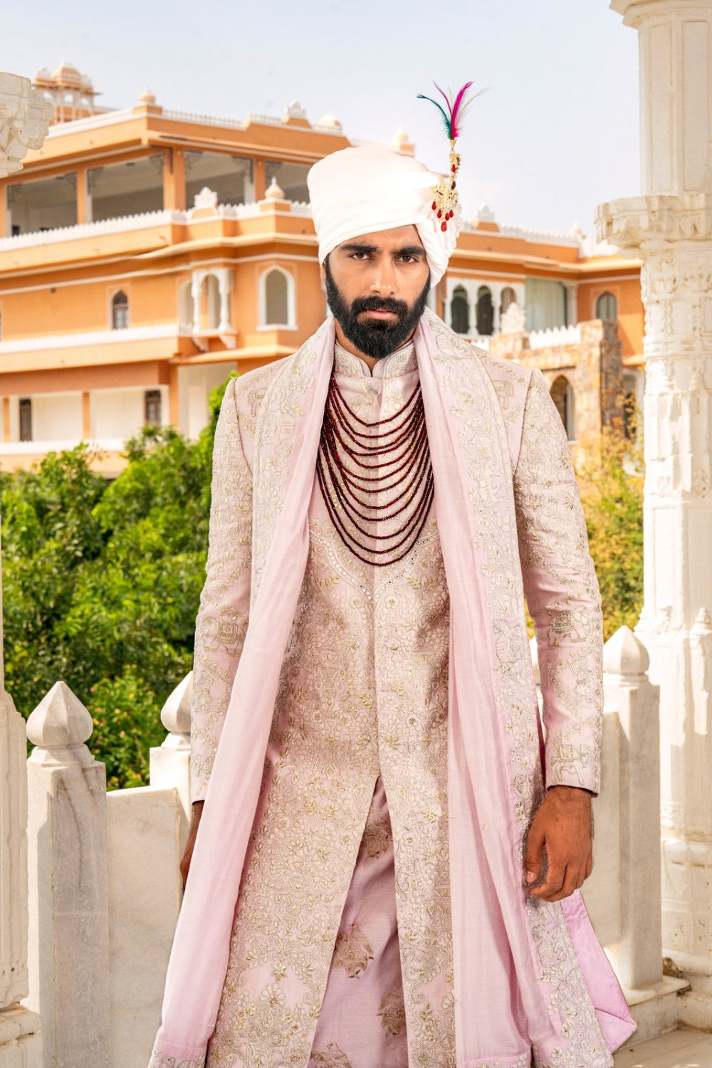 Light Pink Silk Sherwani With Machine And Hand Work