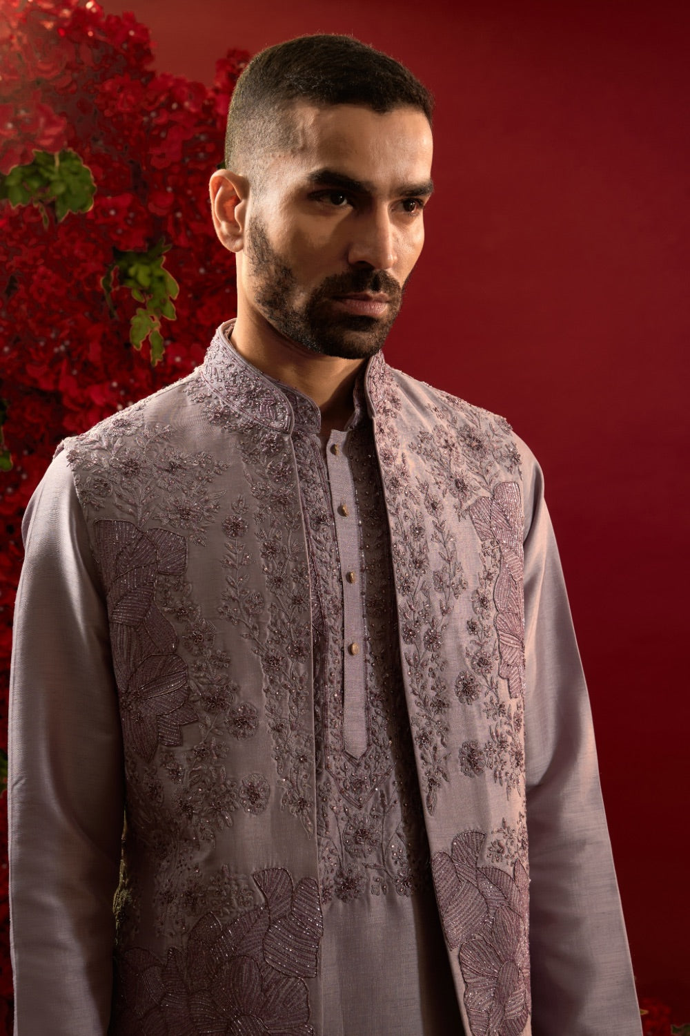 Mauve Silk Kurta Jacket Set With Detailed Hand And Machine Work