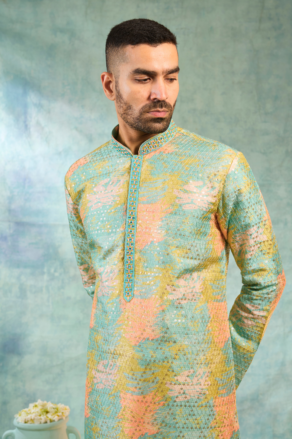 Multicolour Silk Kurta Set With Thread Work And Sequins Work