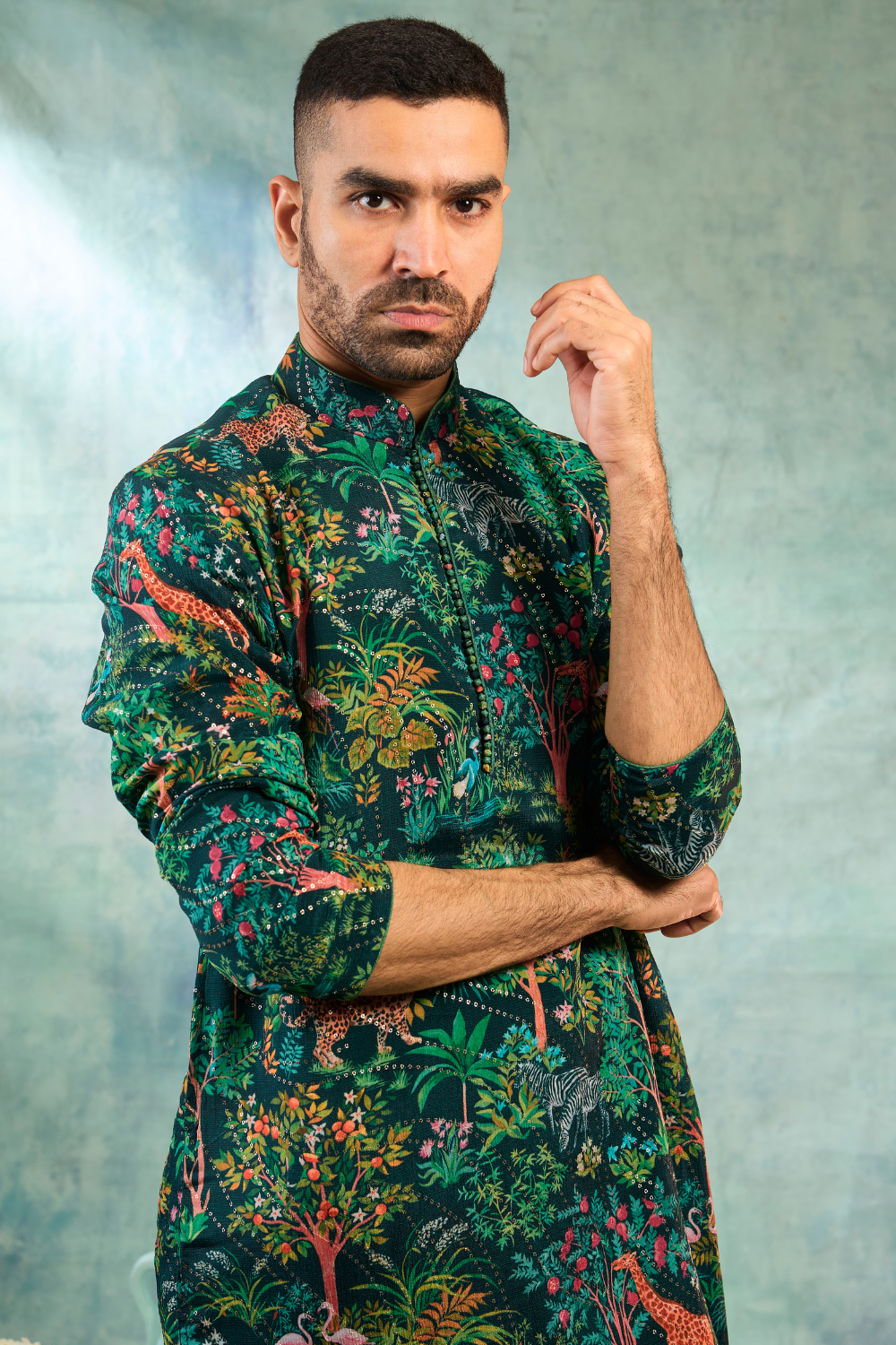 Deep Green Kurta Set With Forest Print Work
